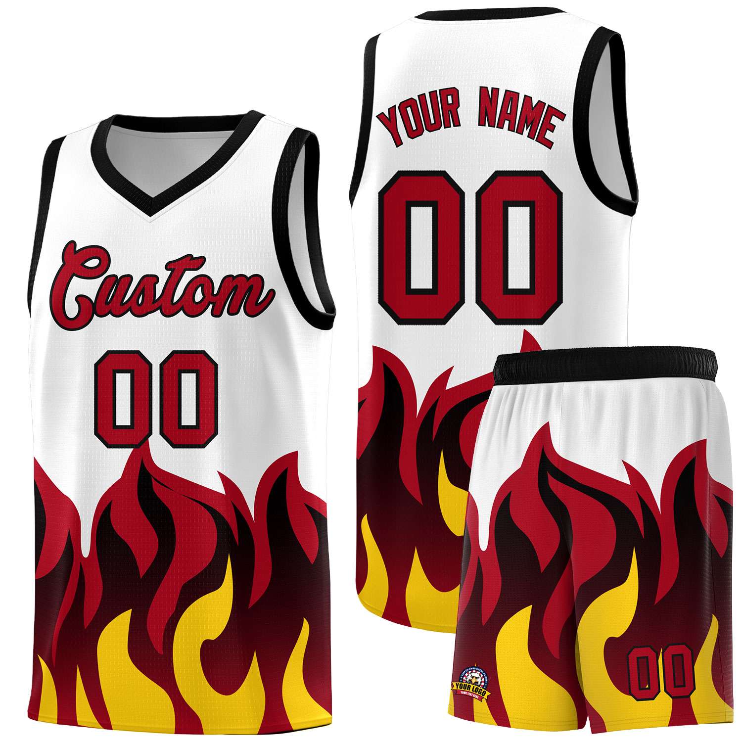 Custom White Red Hem Flame Pattern Fashion Sports Uniform Basketball Kits