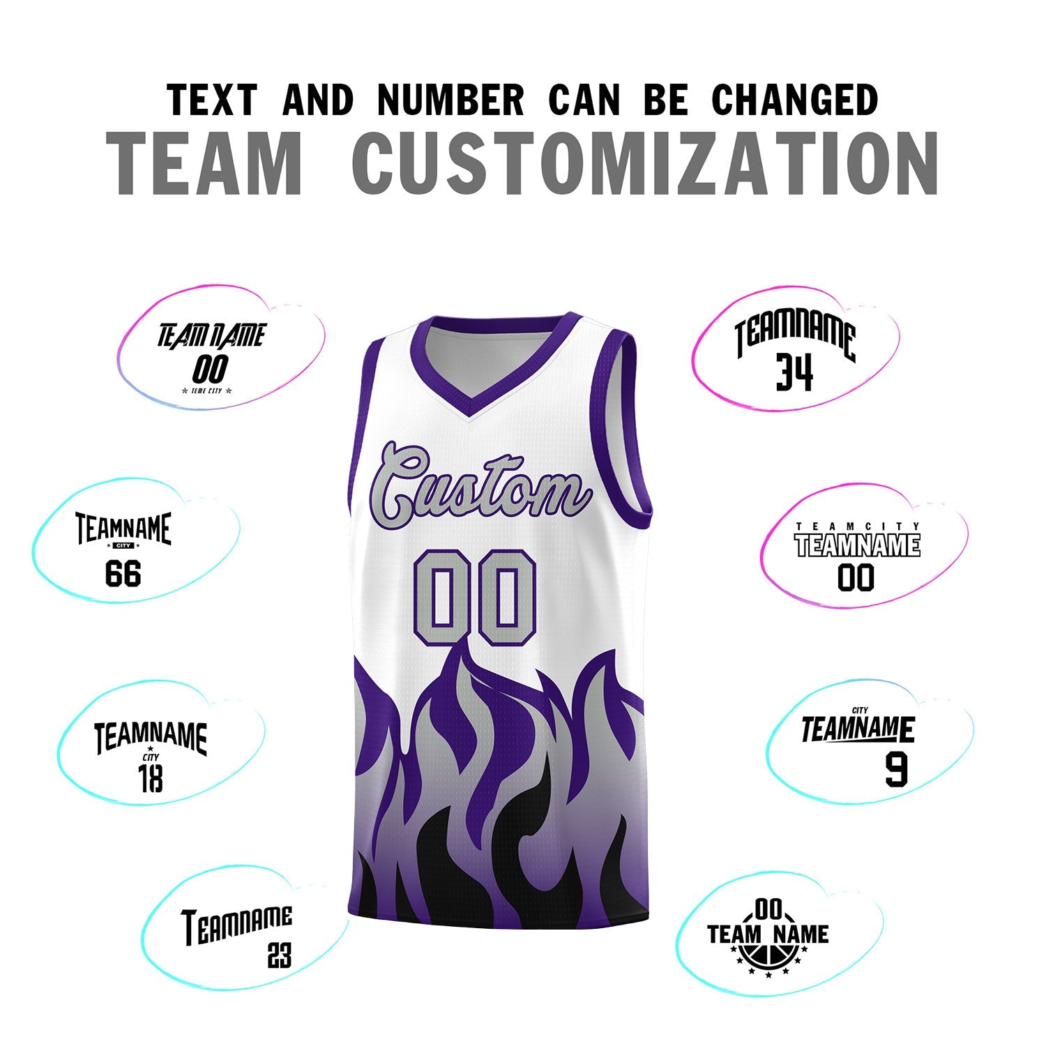 Custom White Purple Hem Flame Pattern Fashion Sports Uniform Basketball Kits