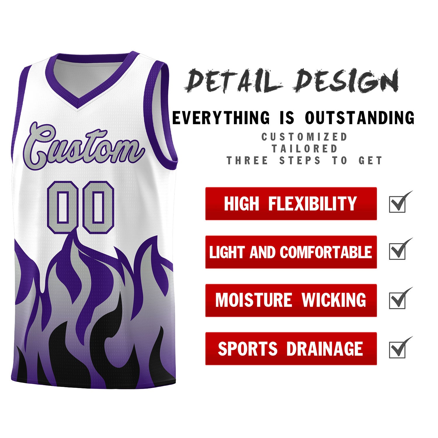 Custom White Purple Hem Flame Pattern Fashion Sports Uniform Basketball Kits