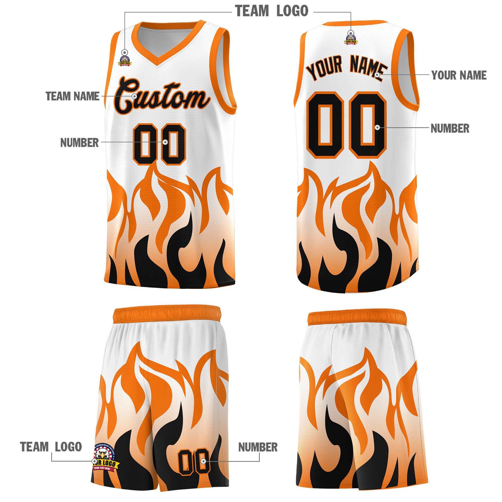 Custom White Orange Hem Flame Pattern Fashion Sports Uniform Basketball Kits