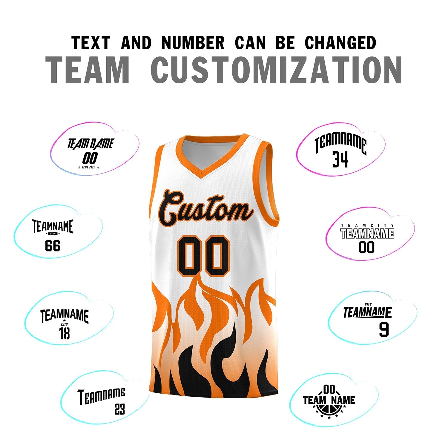 Custom White Orange Hem Flame Pattern Fashion Sports Uniform Basketball Kits