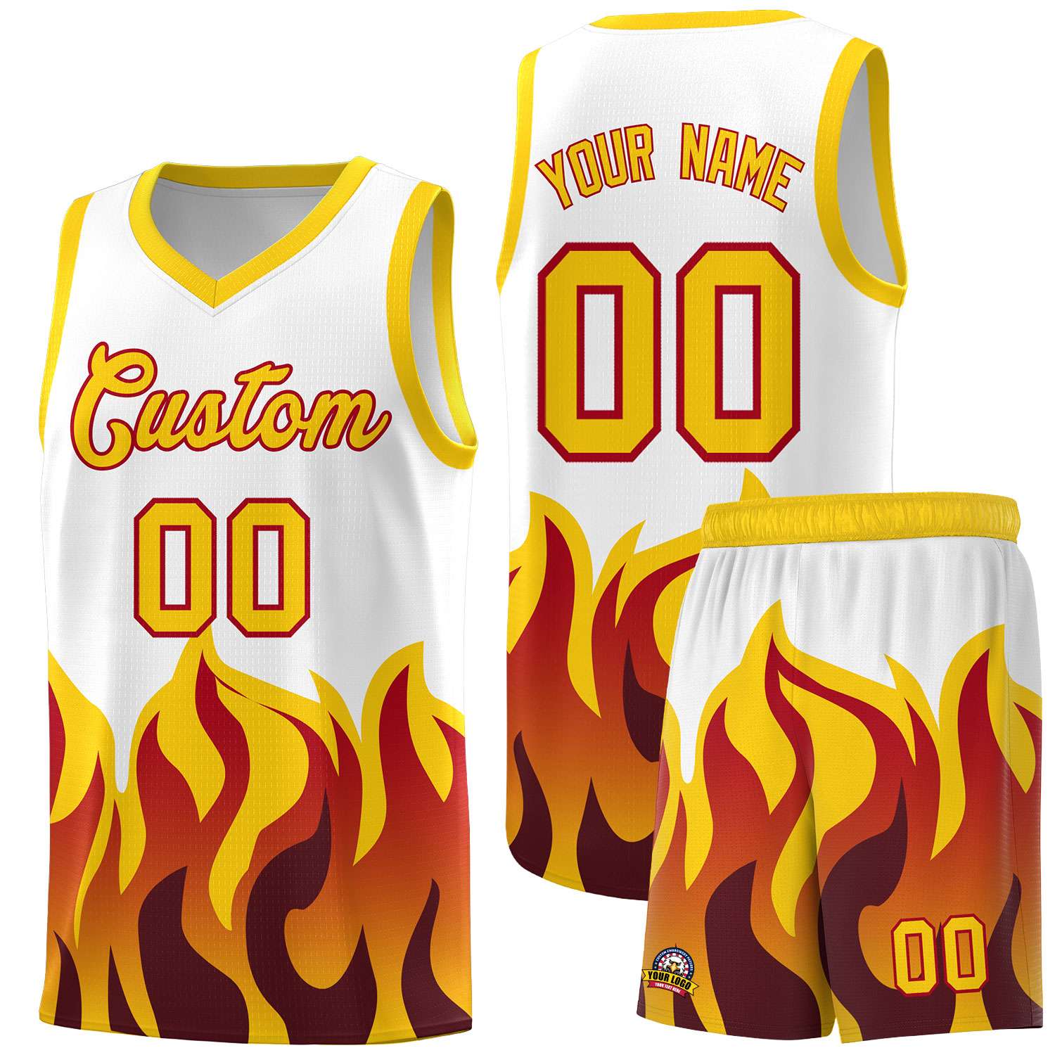 Custom White Gold Hem Flame Pattern Fashion Sports Uniform Basketball Kits