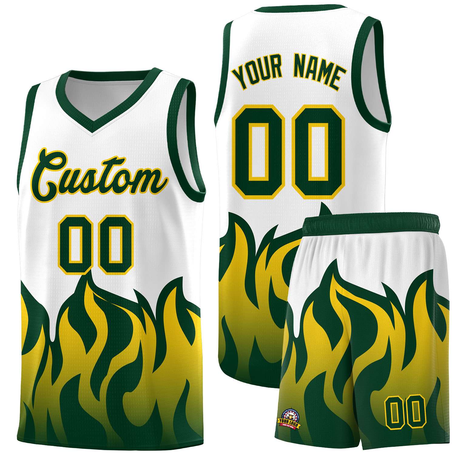 Custom White Hunter Green Hem Flame Pattern Fashion Sports Uniform Basketball Kits