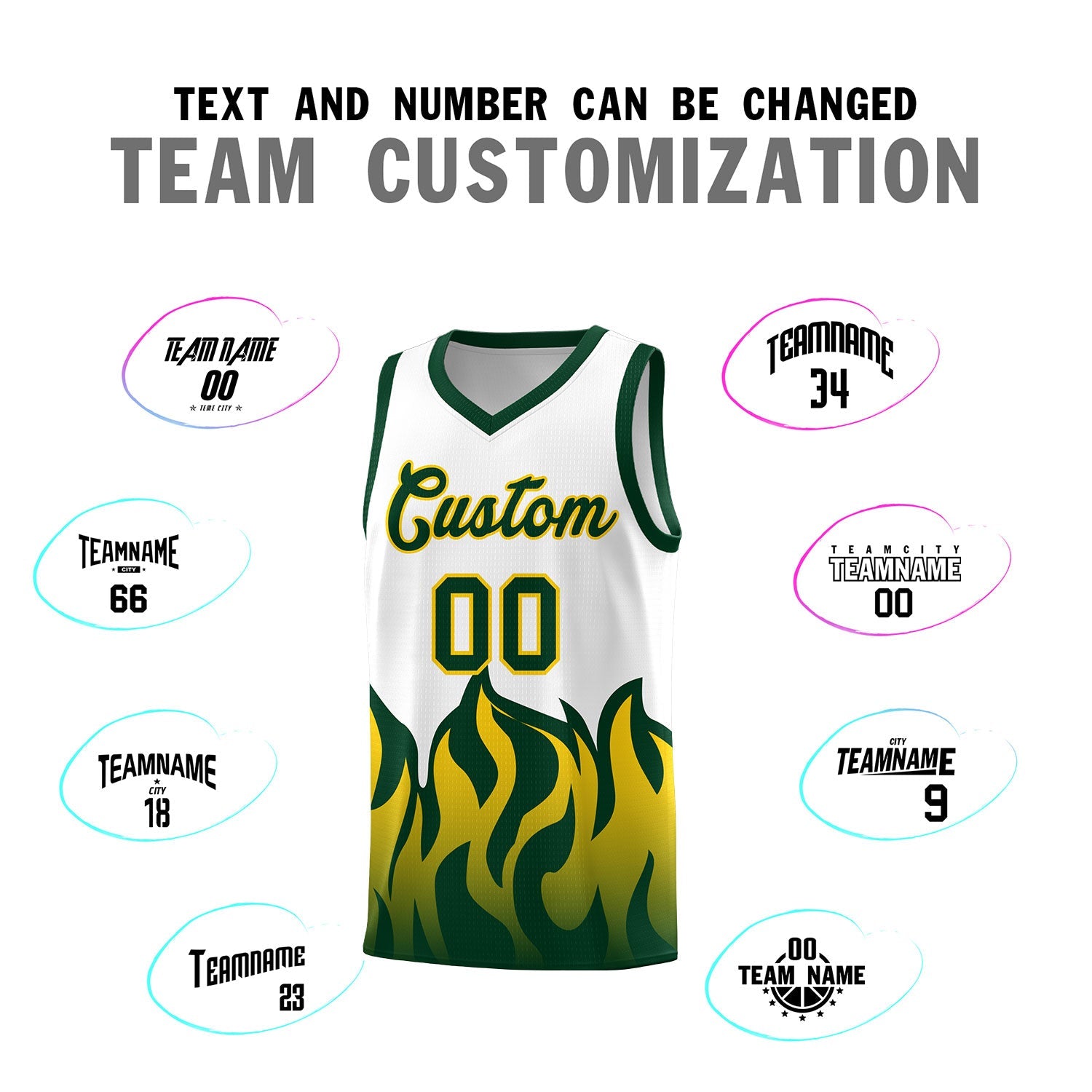 Custom White Hunter Green Hem Flame Pattern Fashion Sports Uniform Basketball Kits