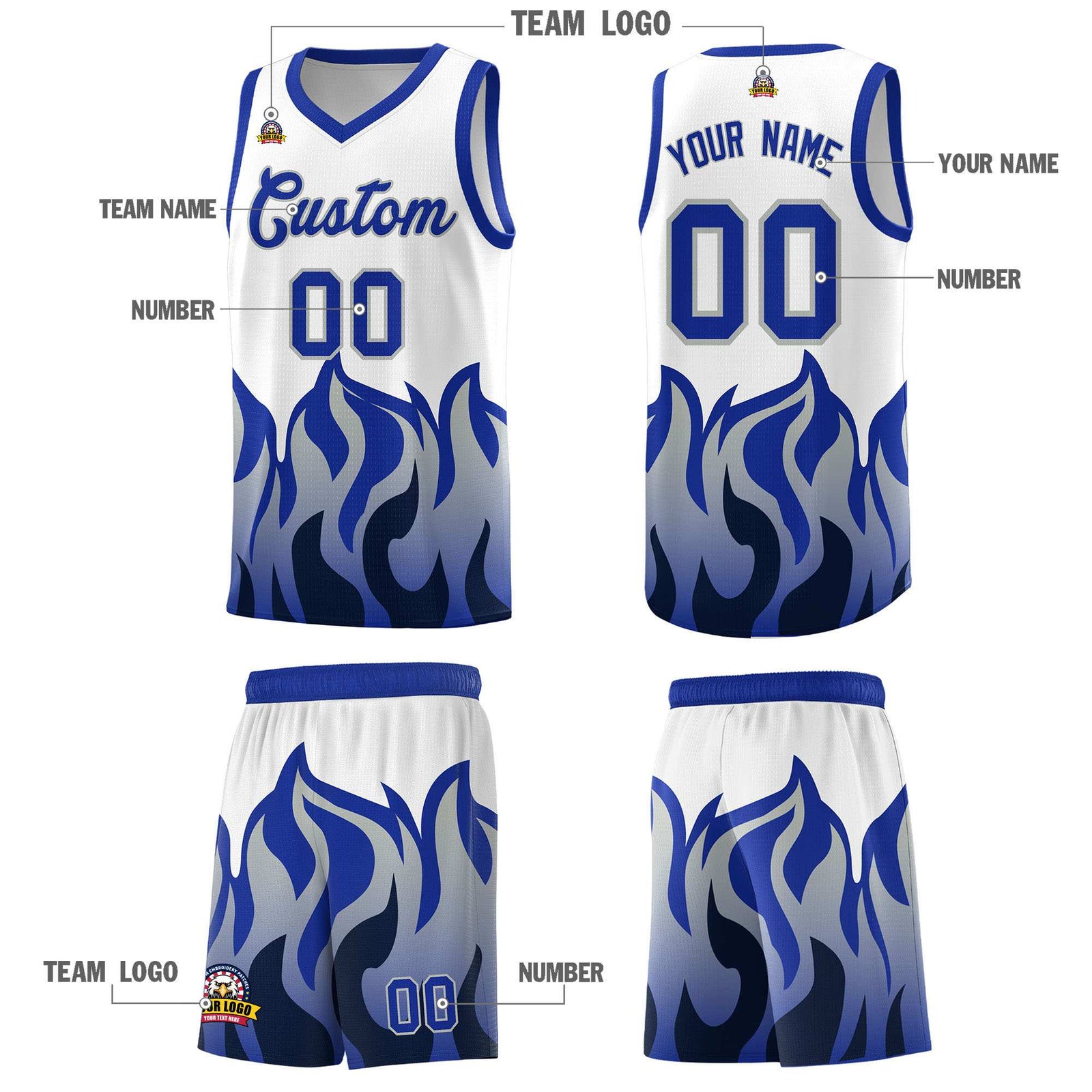 Custom White Royal Hem Flame Pattern Fashion Sports Uniform Basketball Kits