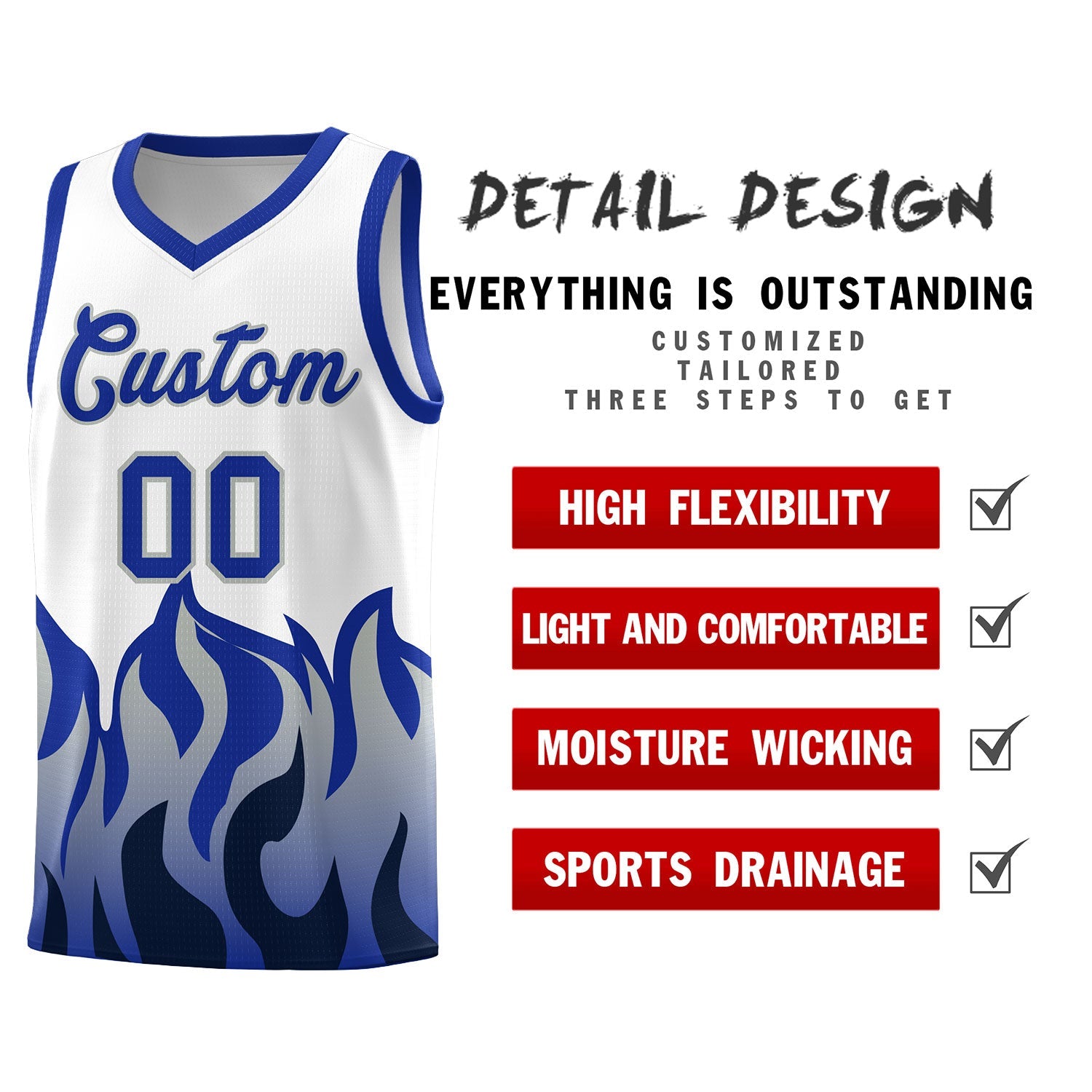 Custom White Royal Hem Flame Pattern Fashion Sports Uniform Basketball Kits