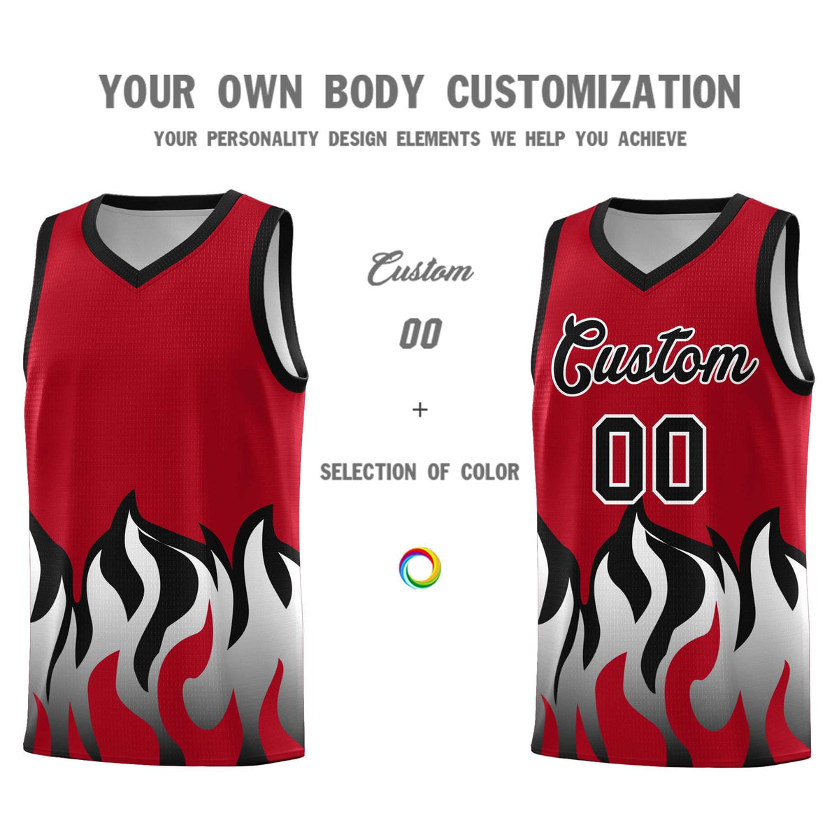 Custom Red Black Hem Flame Pattern Fashion Sports Uniform Basketball Kits