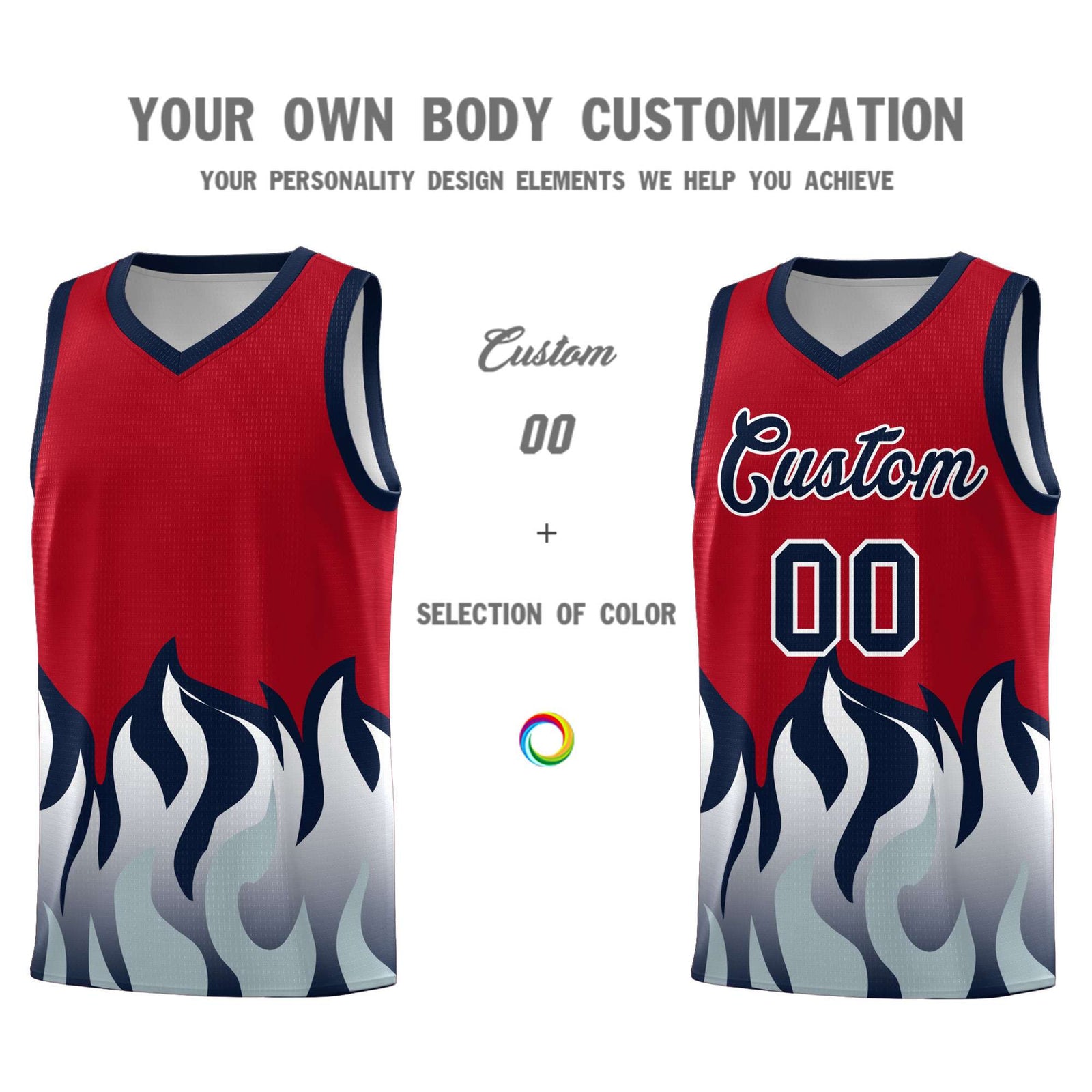 Custom Red Navy Hem Flame Pattern Fashion Sports Uniform Basketball Kits