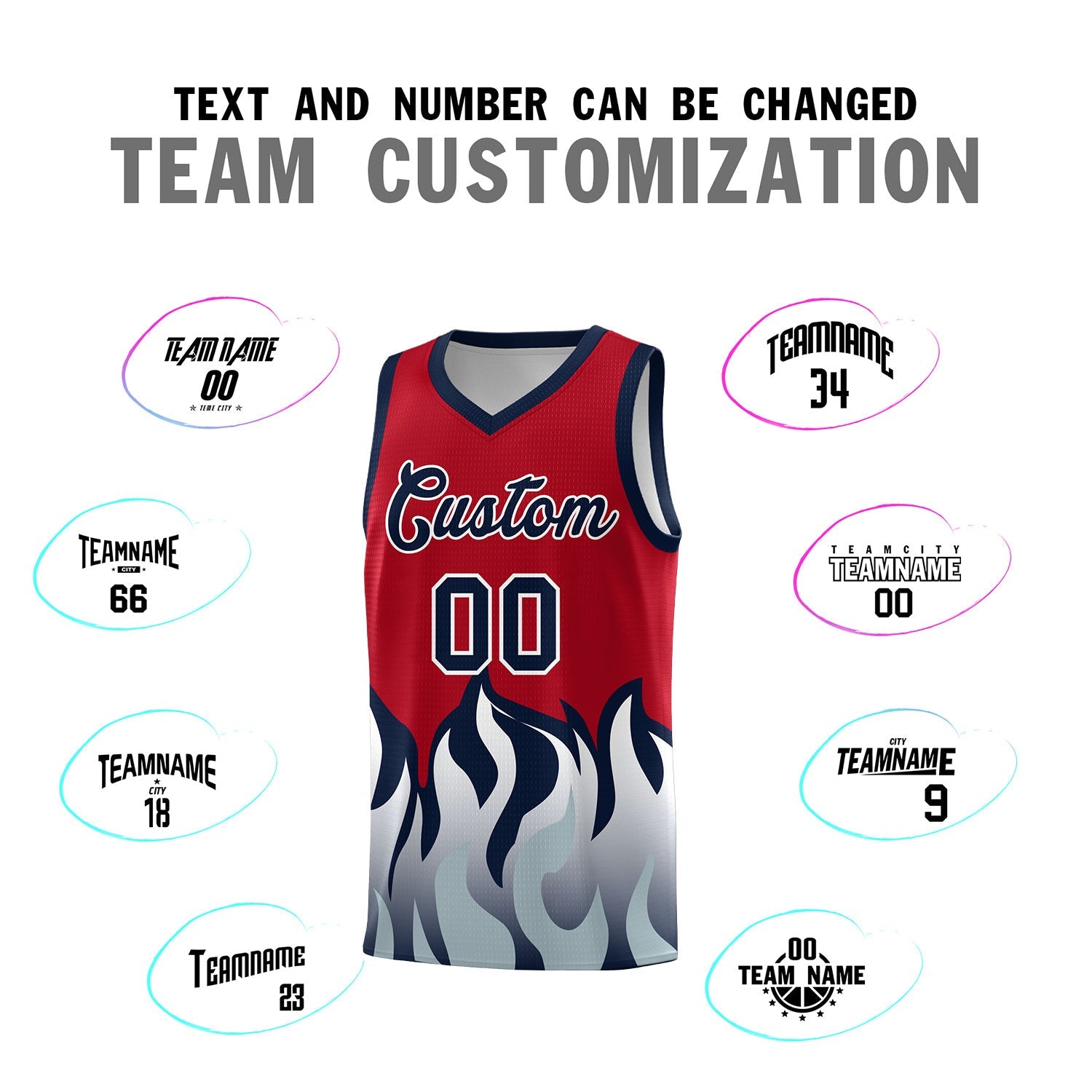 Custom Red Navy Hem Flame Pattern Fashion Sports Uniform Basketball Kits