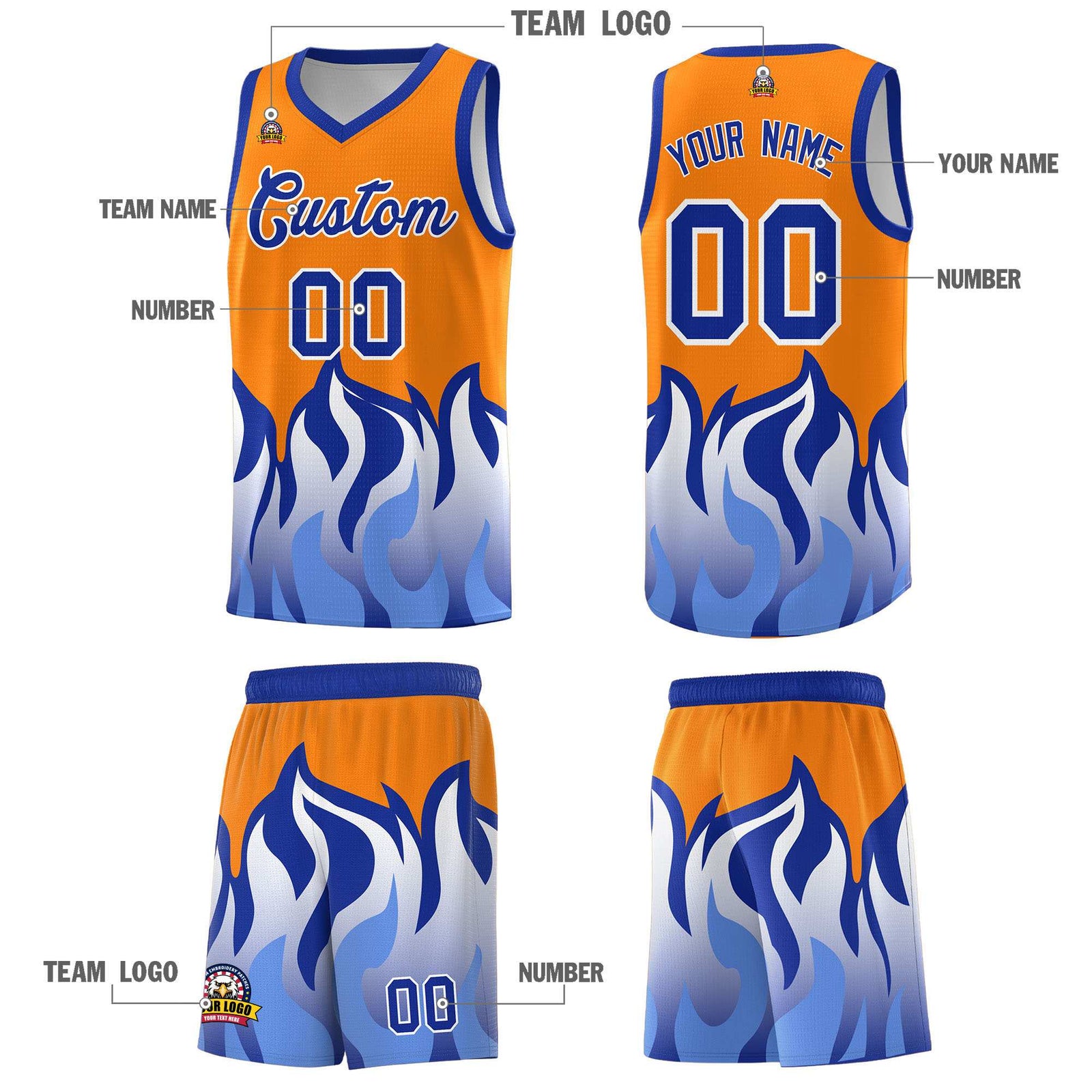 Custom Orange Royal Hem Flame Pattern Fashion Sports Uniform Basketball Kits