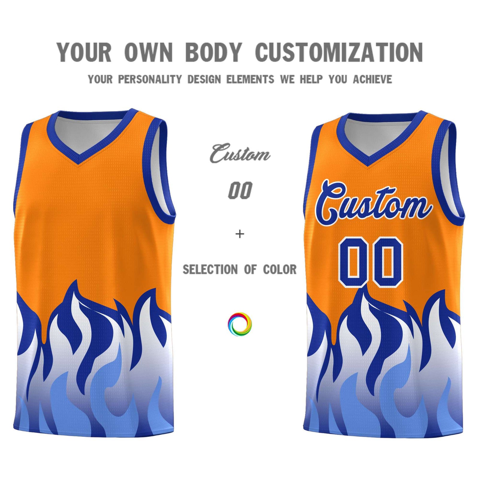 Custom Orange Royal Hem Flame Pattern Fashion Sports Uniform Basketball Kits