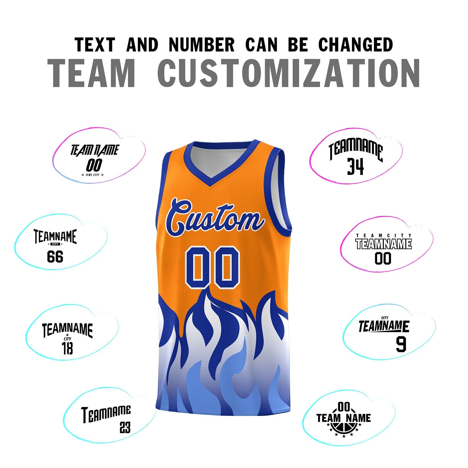 Custom Orange Royal Hem Flame Pattern Fashion Sports Uniform Basketball Kits