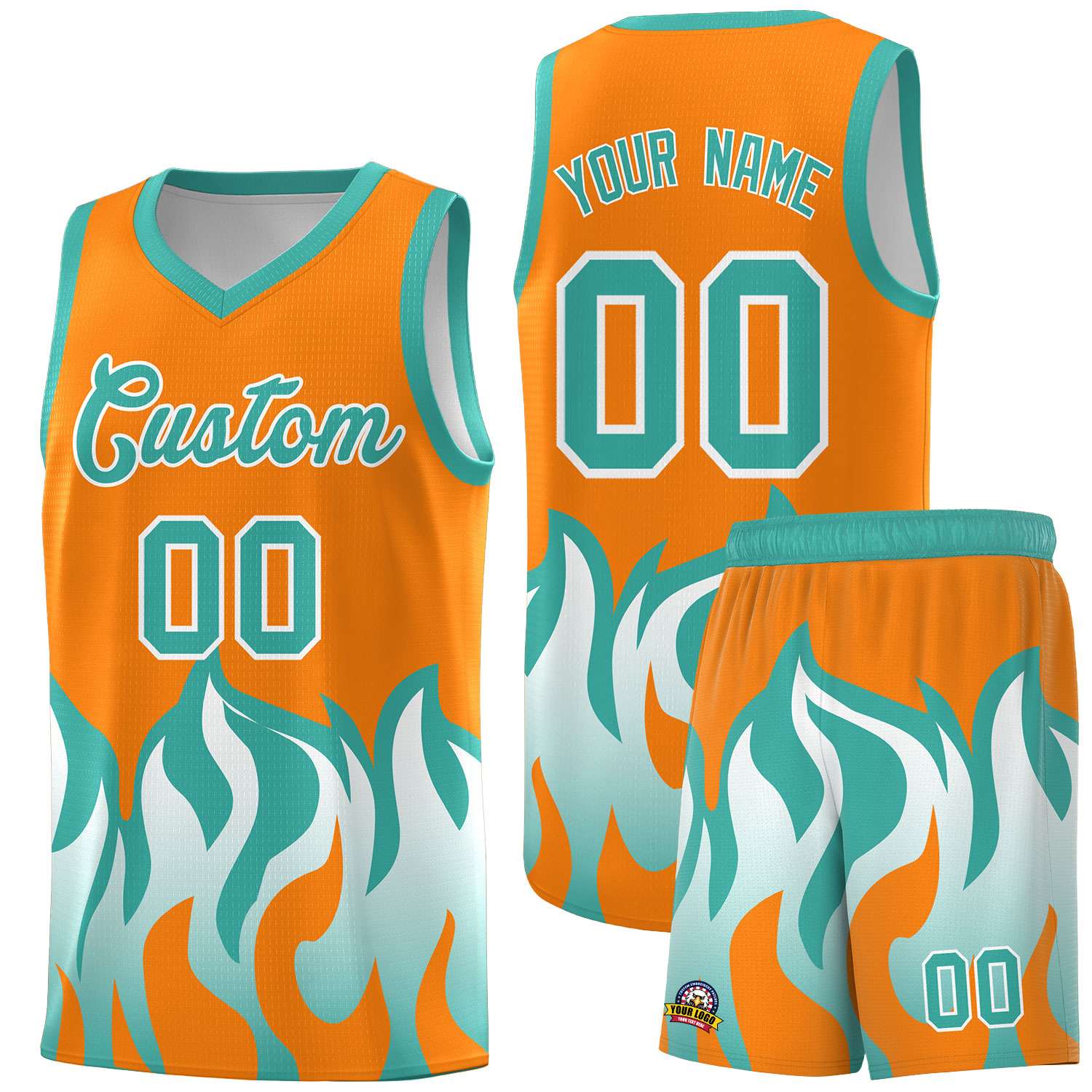 Custom Orange Bright Green Hem Flame Pattern Fashion Sports Uniform Basketball Kits