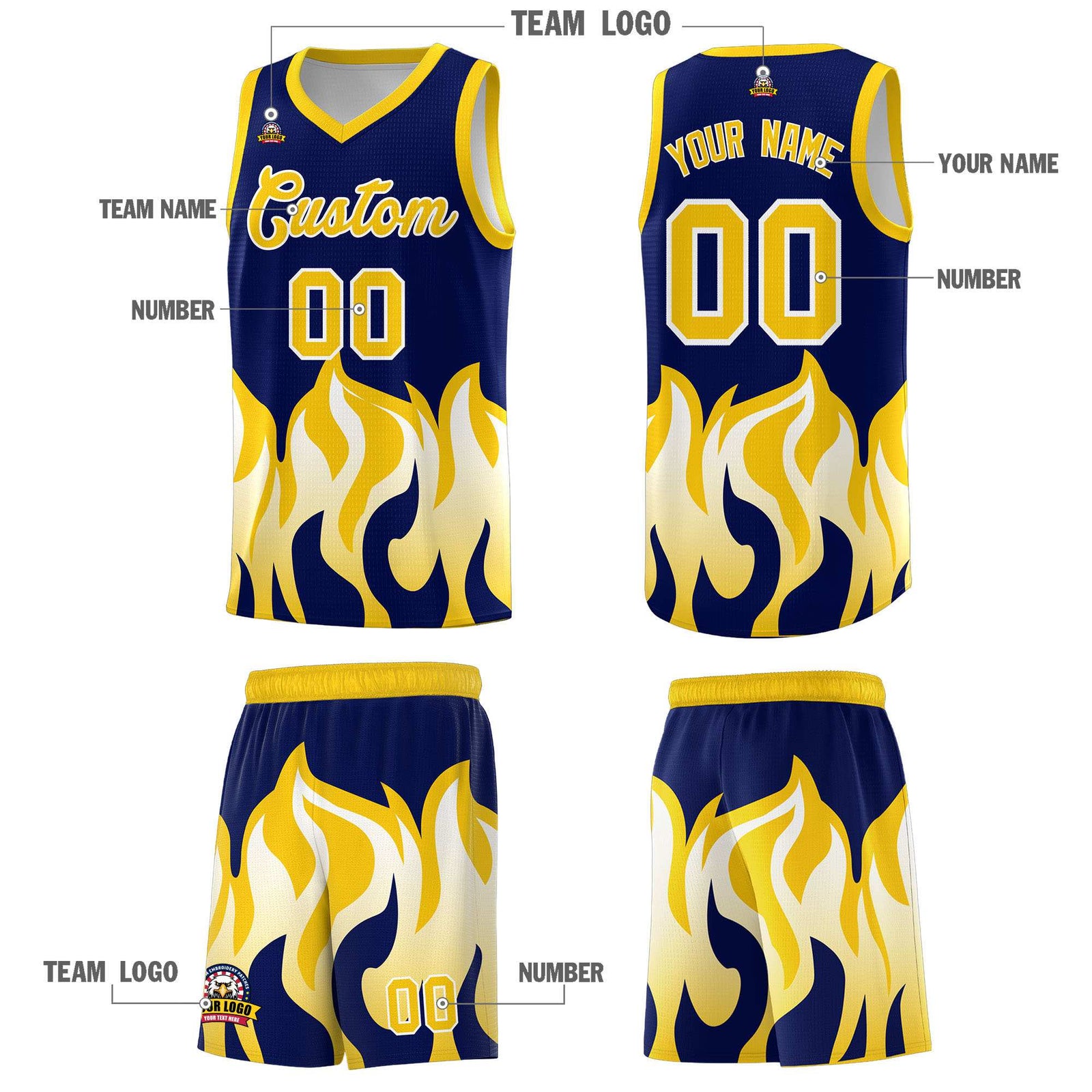 Custom Navy Gold Hem Flame Pattern Fashion Sports Uniform Basketball Kits