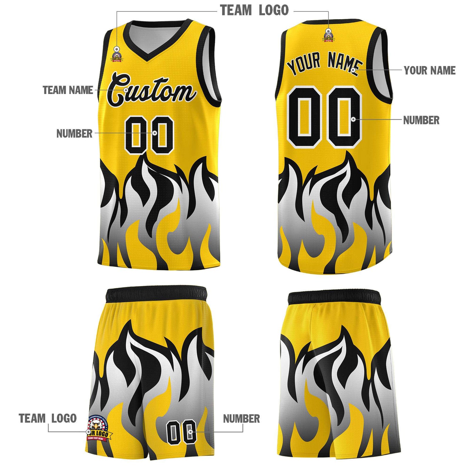 Custom Gold Black Hem Flame Pattern Fashion Sports Uniform Basketball Kits