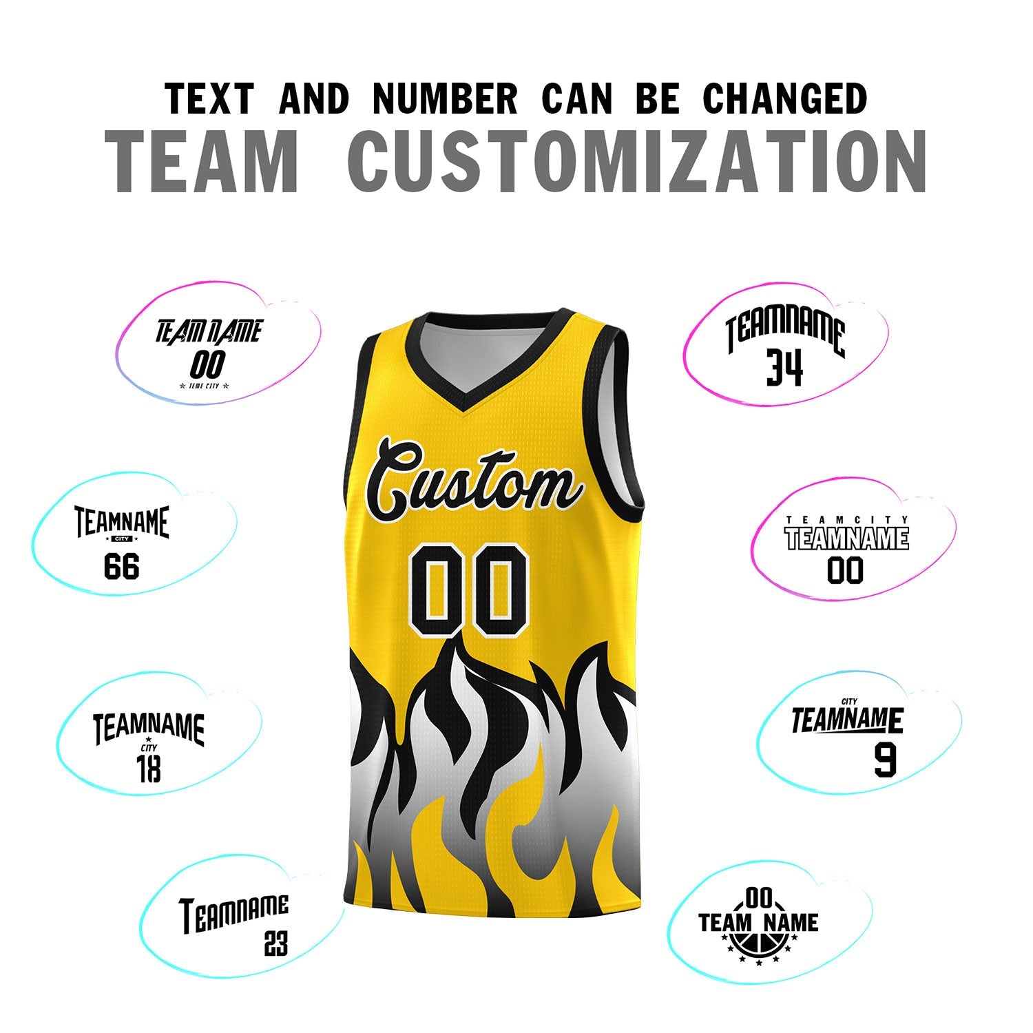 Custom Gold Black Hem Flame Pattern Fashion Sports Uniform Basketball Kits