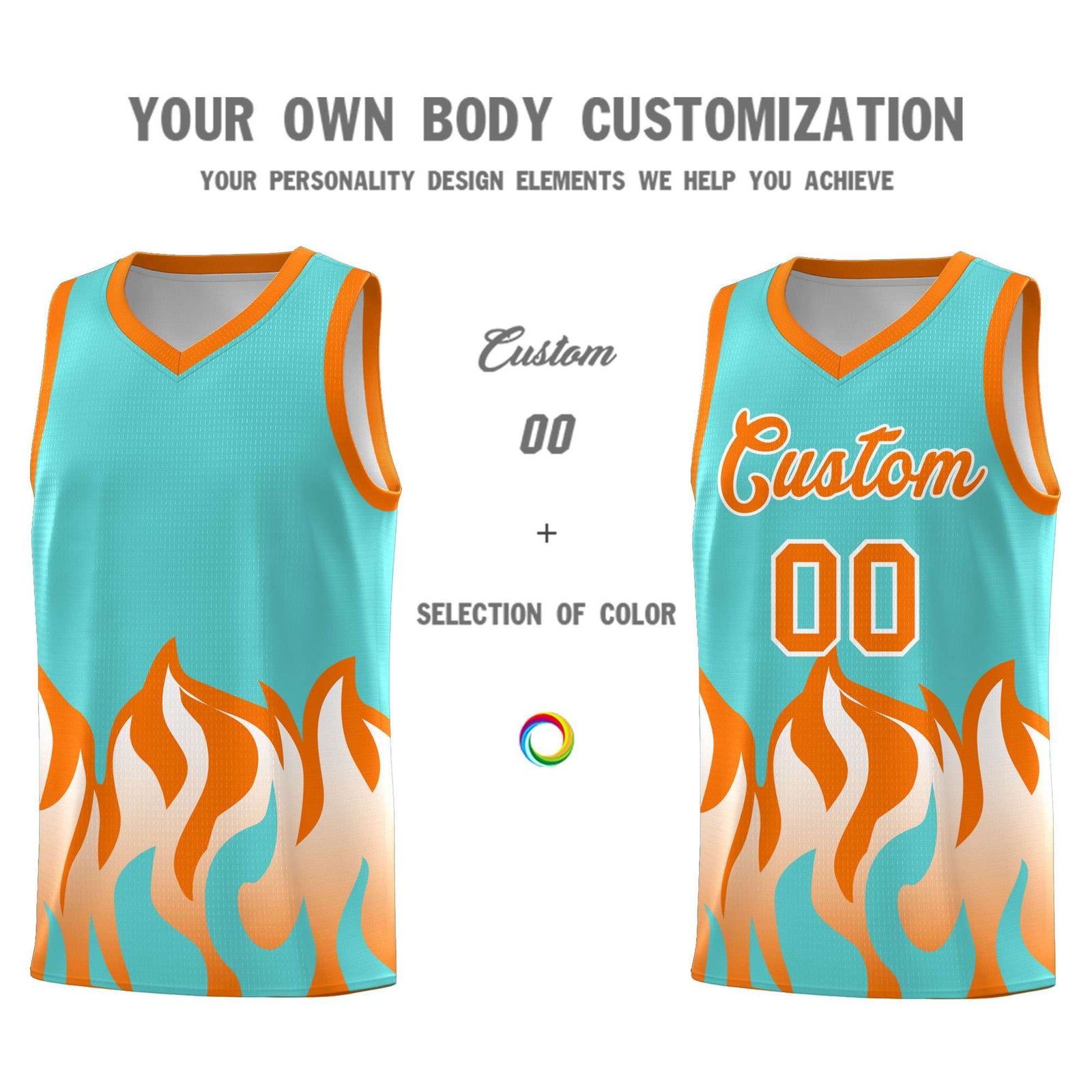 Custom Bright Green Orange Hem Flame Pattern Fashion Sports Uniform Basketball Kits