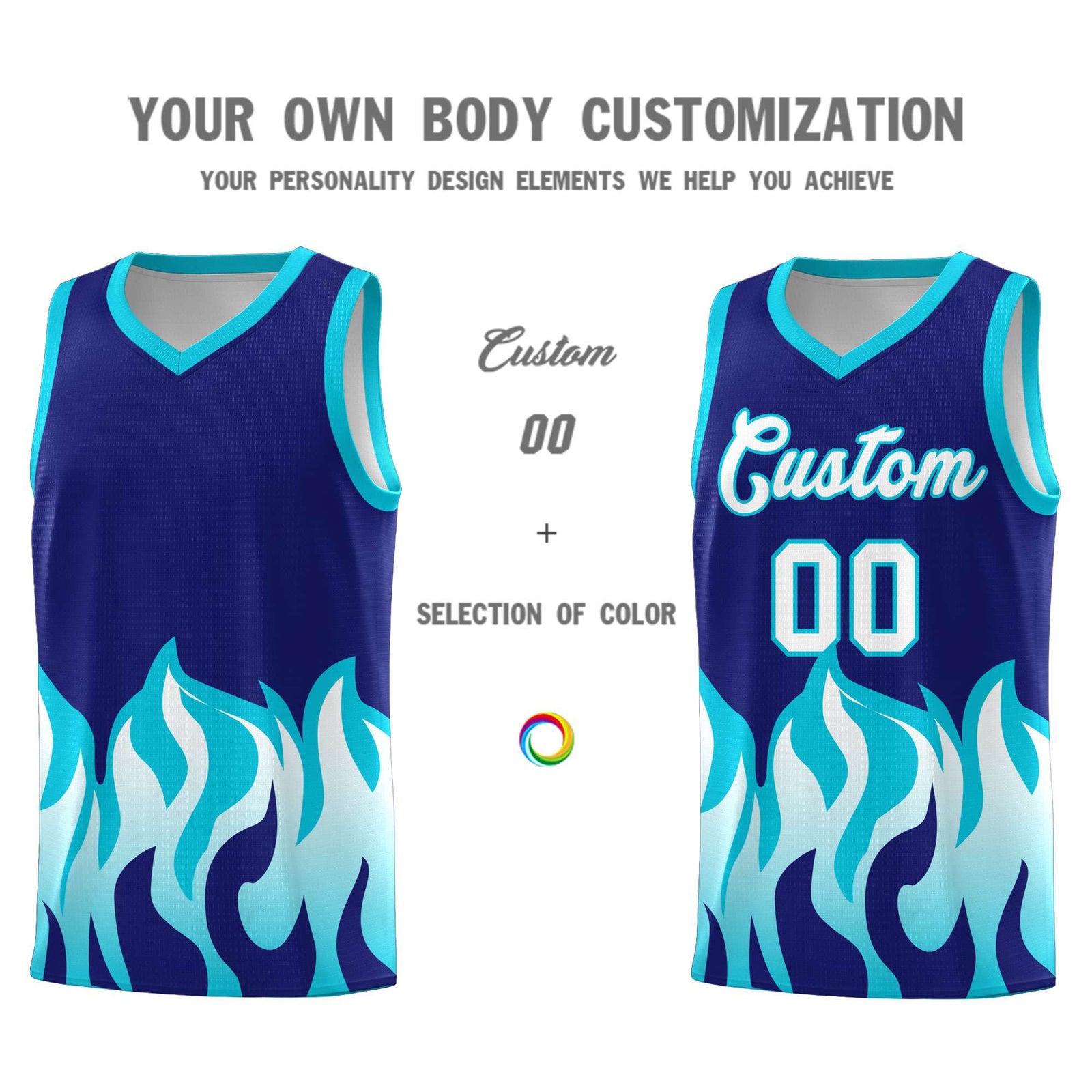 Custom Royal Sky Blue Hem Flame Pattern Fashion Sports Uniform Basketball Kits