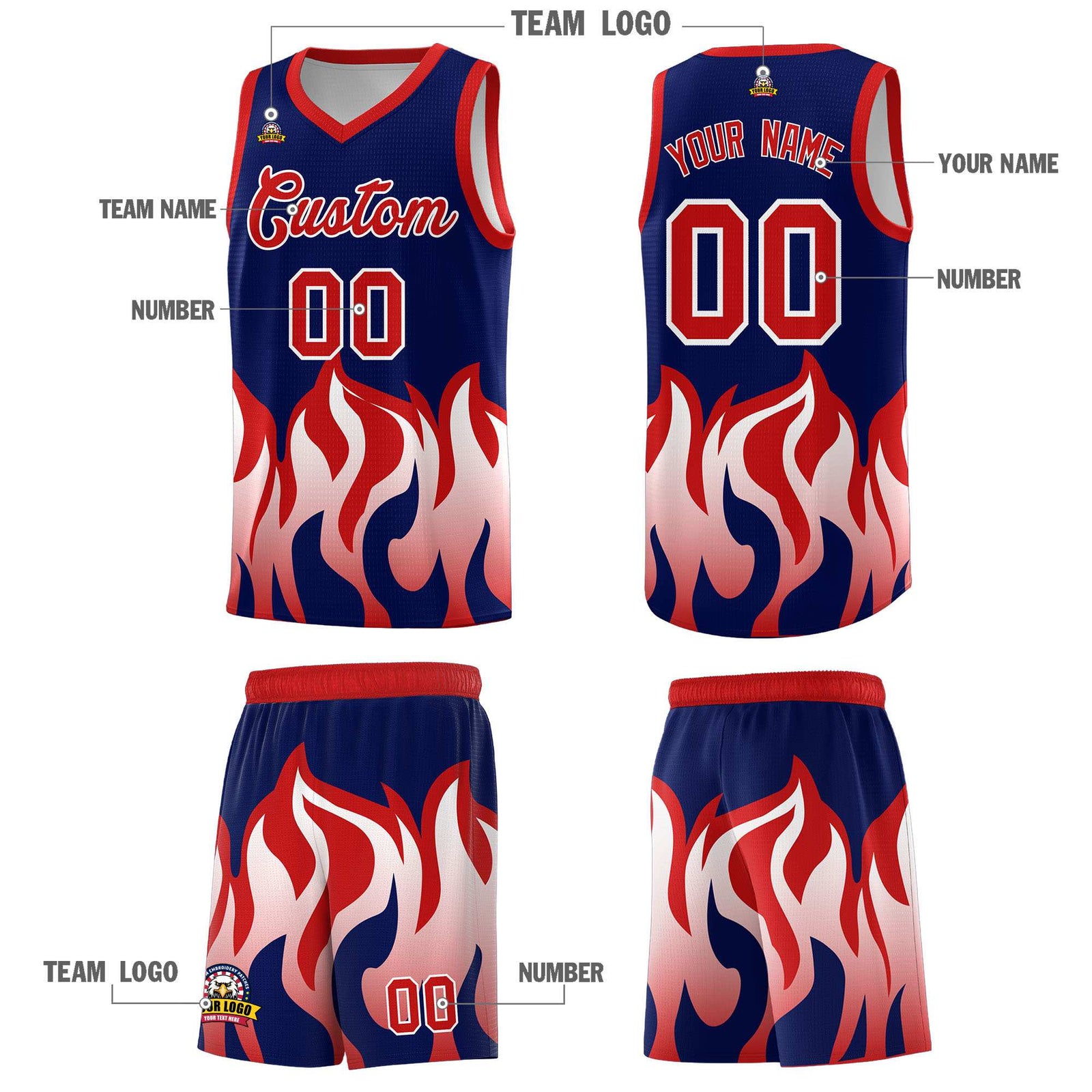 Custom Navy Red Hem Flame Pattern Fashion Sports Uniform Basketball Kits