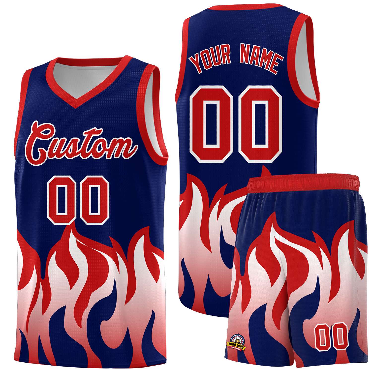 Custom Navy Red Hem Flame Pattern Fashion Sports Uniform Basketball Kits
