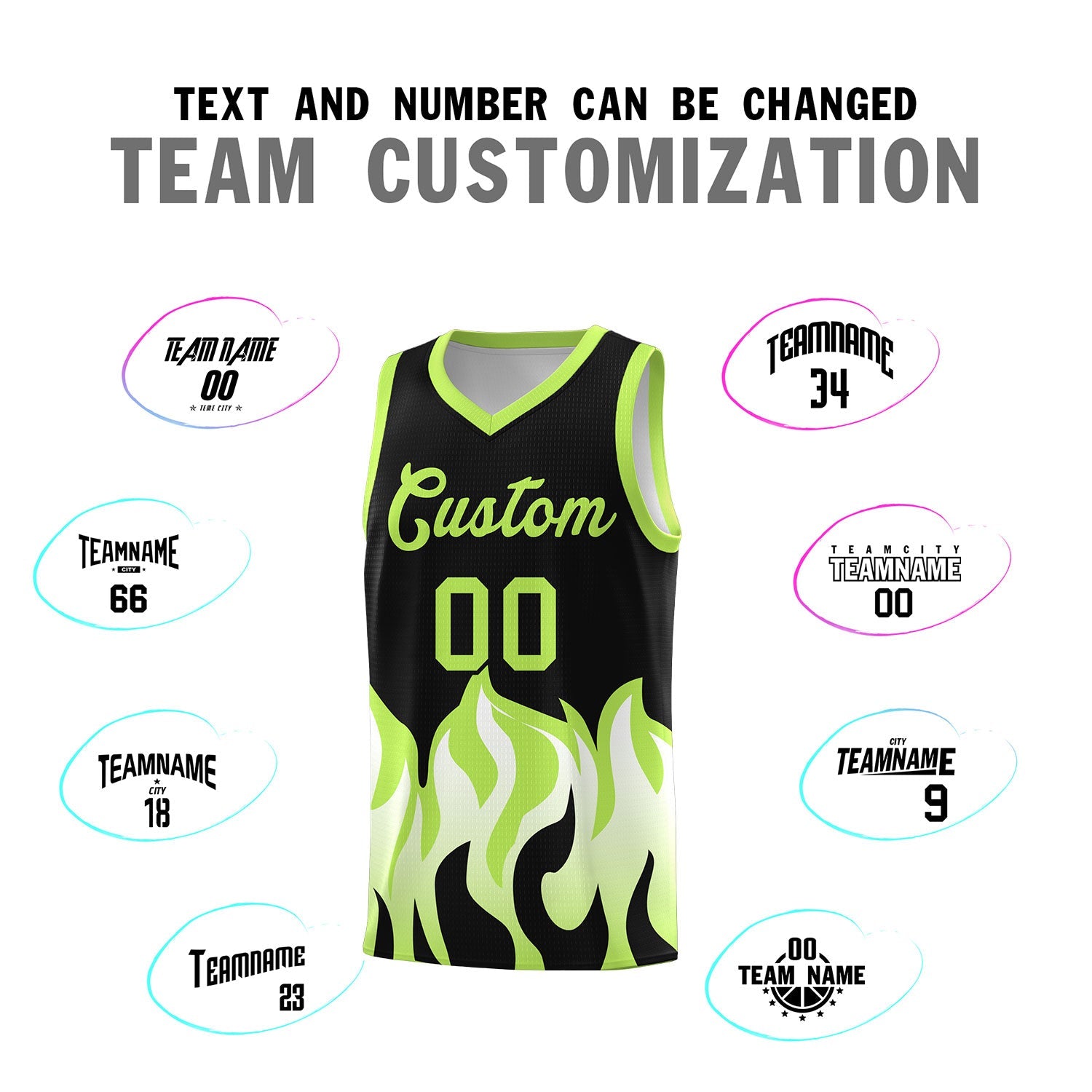 Custom Black Fluorescent Green Hem Flame Pattern Fashion Sports Uniform Basketball Kits