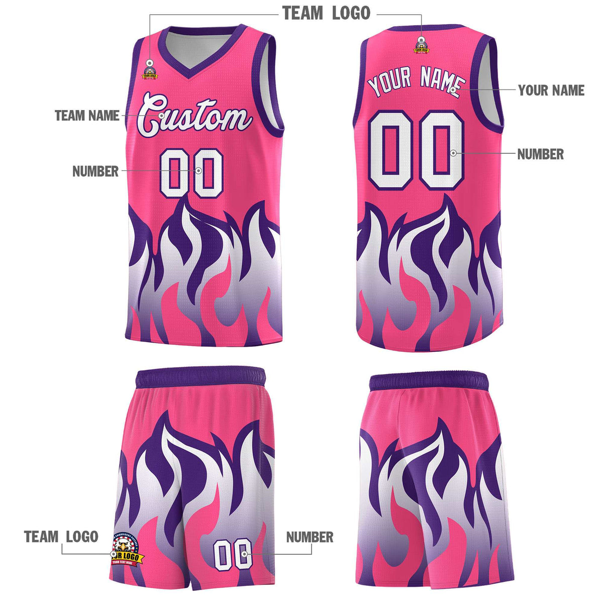 Custom Pink Purple Hem Flame Pattern Fashion Sports Uniform Basketball Kits