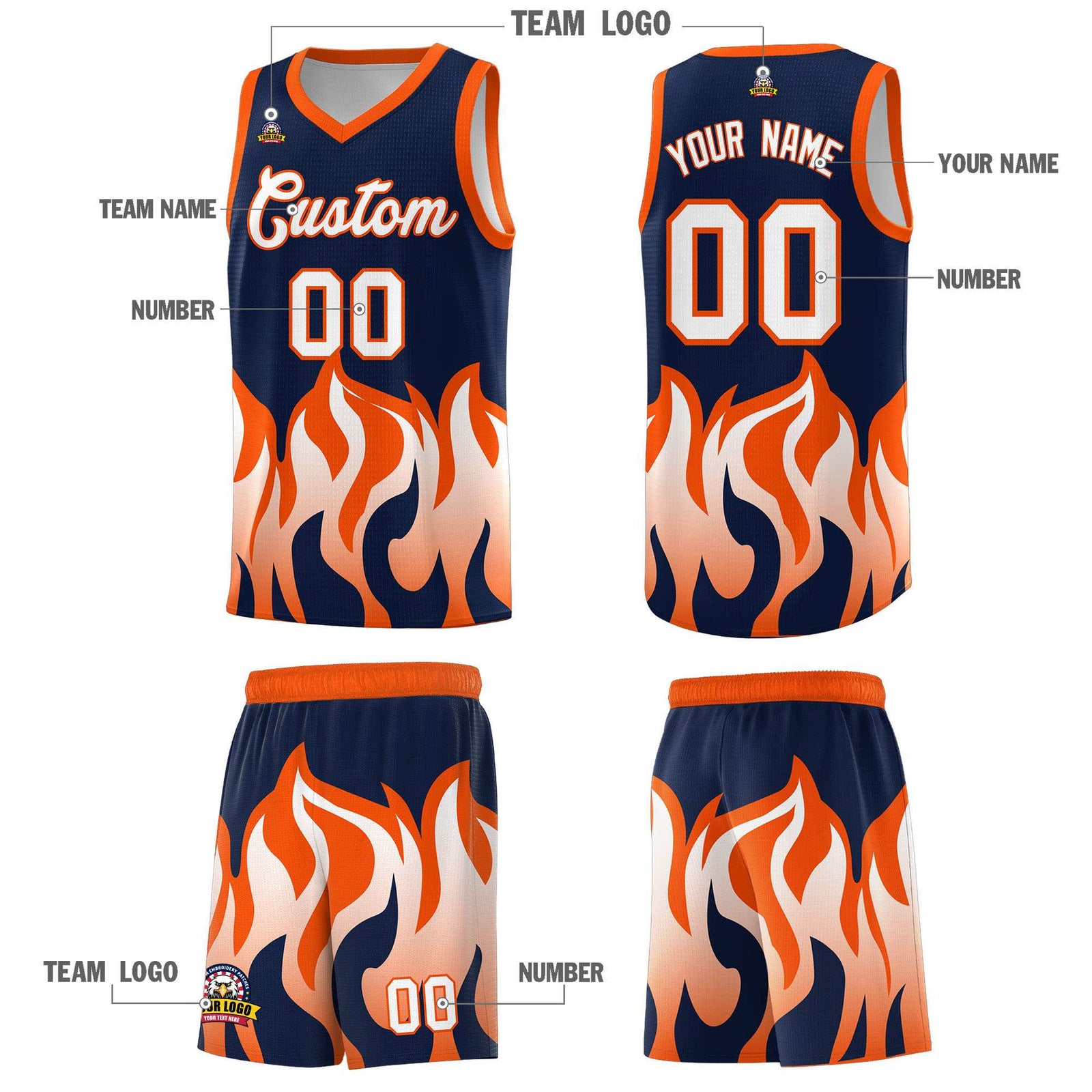 Custom Navy Orange Hem Flame Pattern Fashion Sports Uniform Basketball Kits