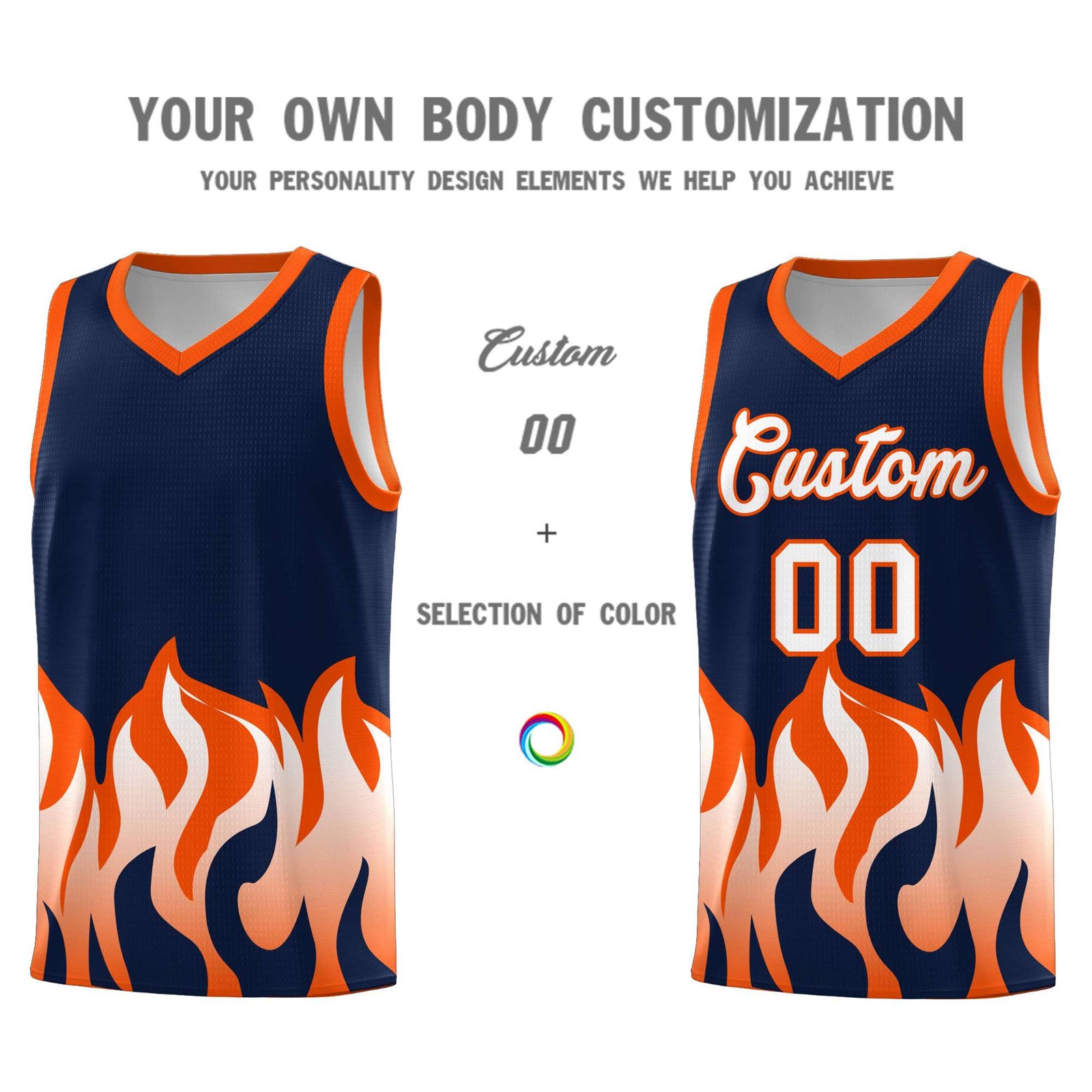 Custom Navy Orange Hem Flame Pattern Fashion Sports Uniform Basketball Kits