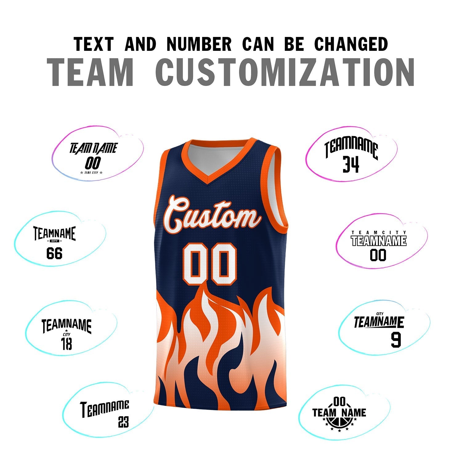 Custom Navy Orange Hem Flame Pattern Fashion Sports Uniform Basketball Kits