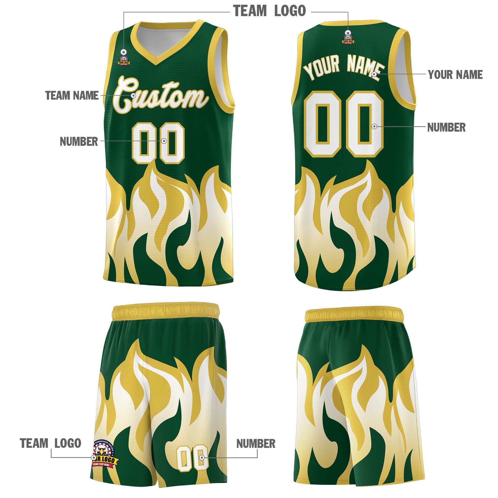 Custom Kelly Green Old Gold Hem Flame Pattern Fashion Sports Uniform Basketball Kits