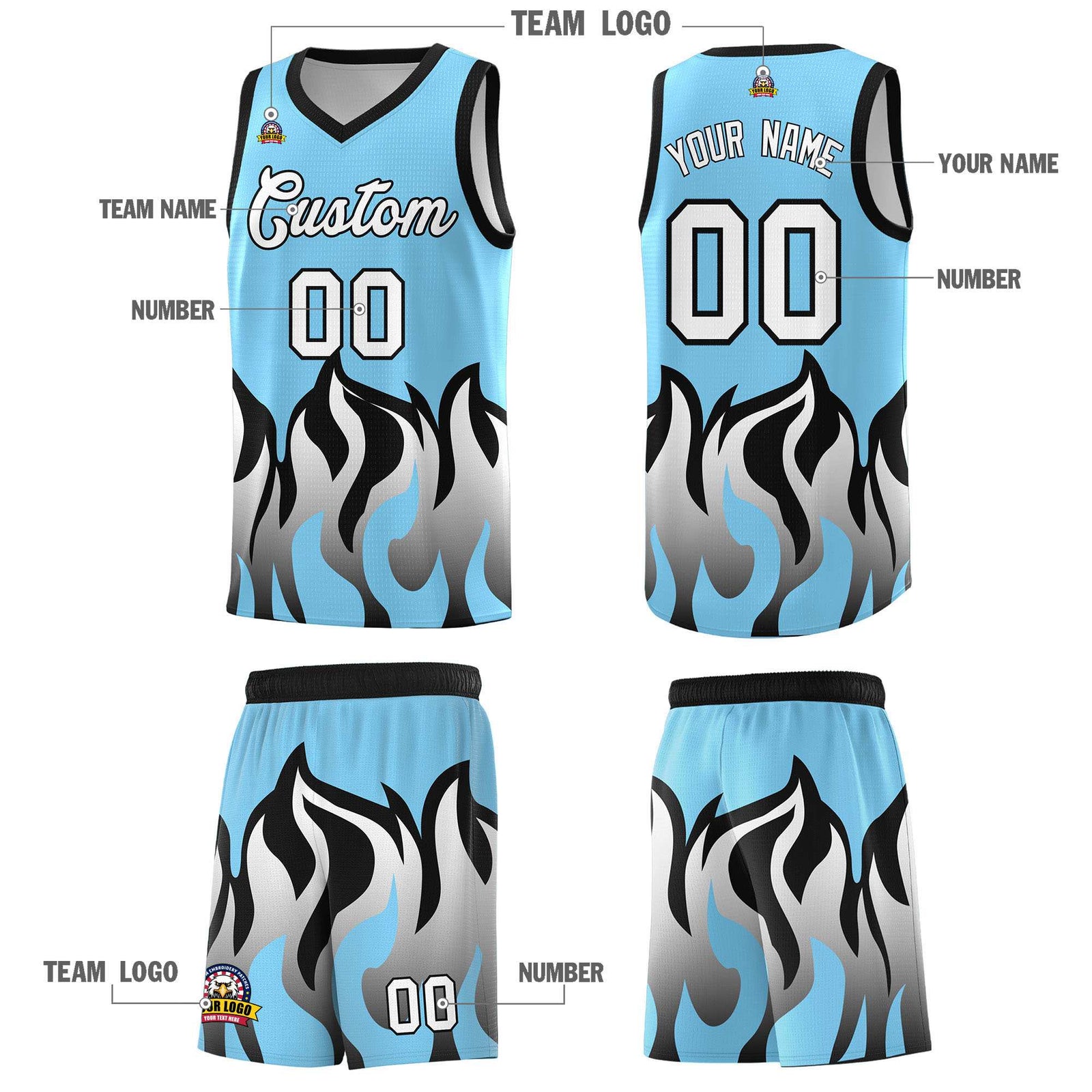Custom Light Blue Black Hem Flame Pattern Fashion Sports Uniform Basketball Kits