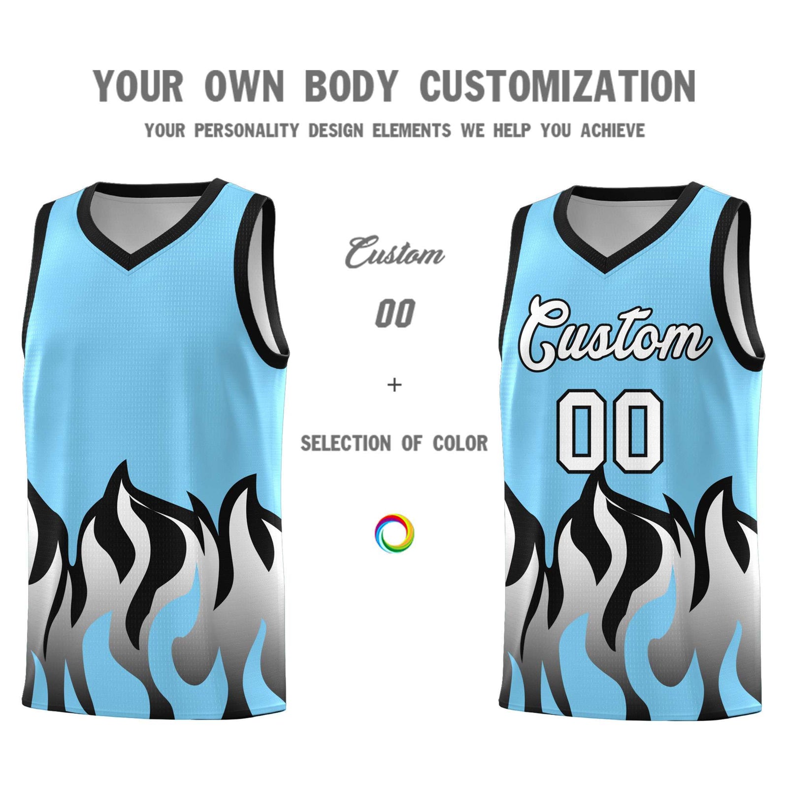 Custom Light Blue Black Hem Flame Pattern Fashion Sports Uniform Basketball Kits