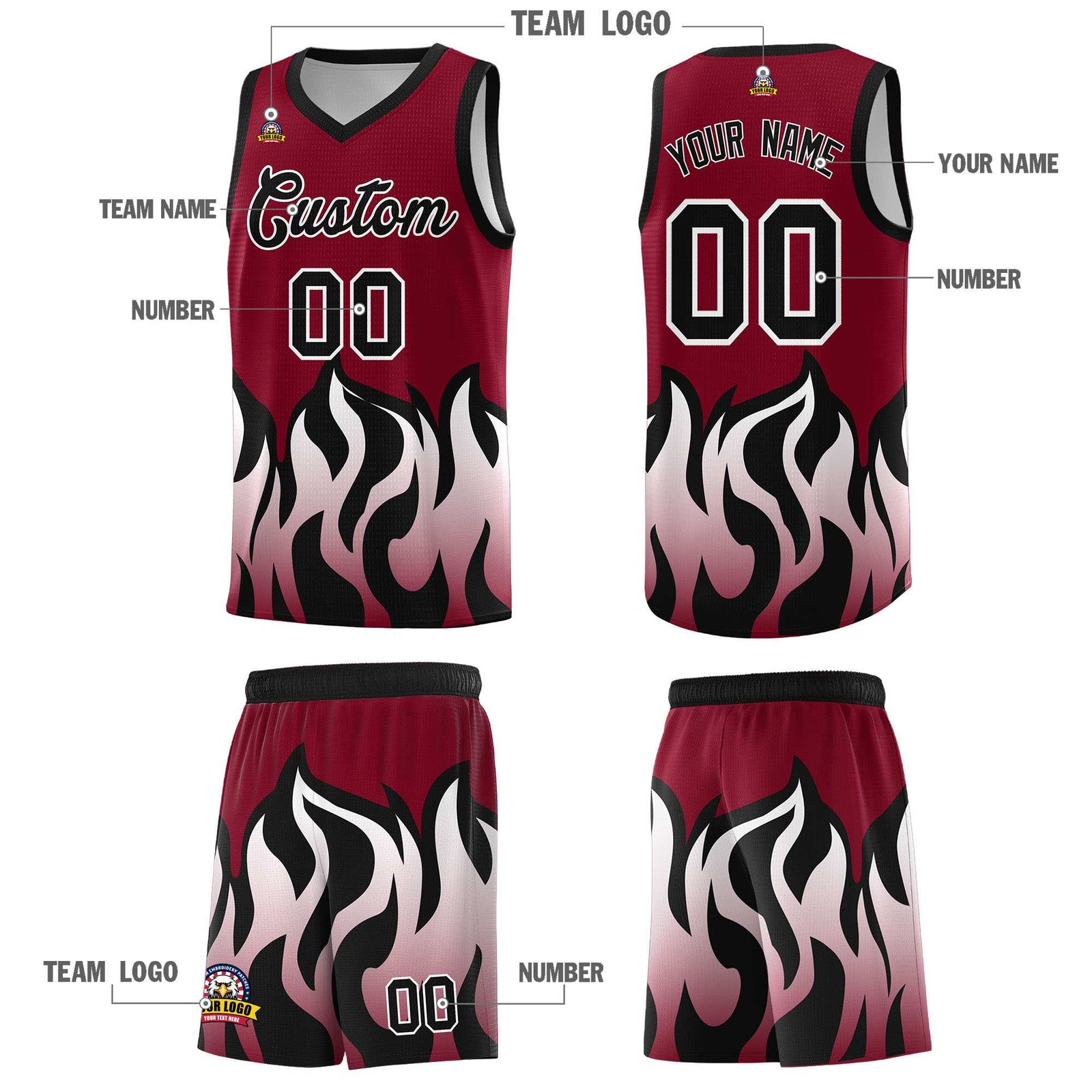Custom Crimson Black Hem Flame Pattern Fashion Sports Uniform Basketball Kits