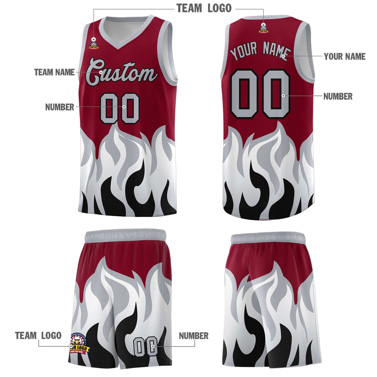 Custom Crimson Gray Hem Flame Pattern Fashion Sports Uniform Basketball Kits