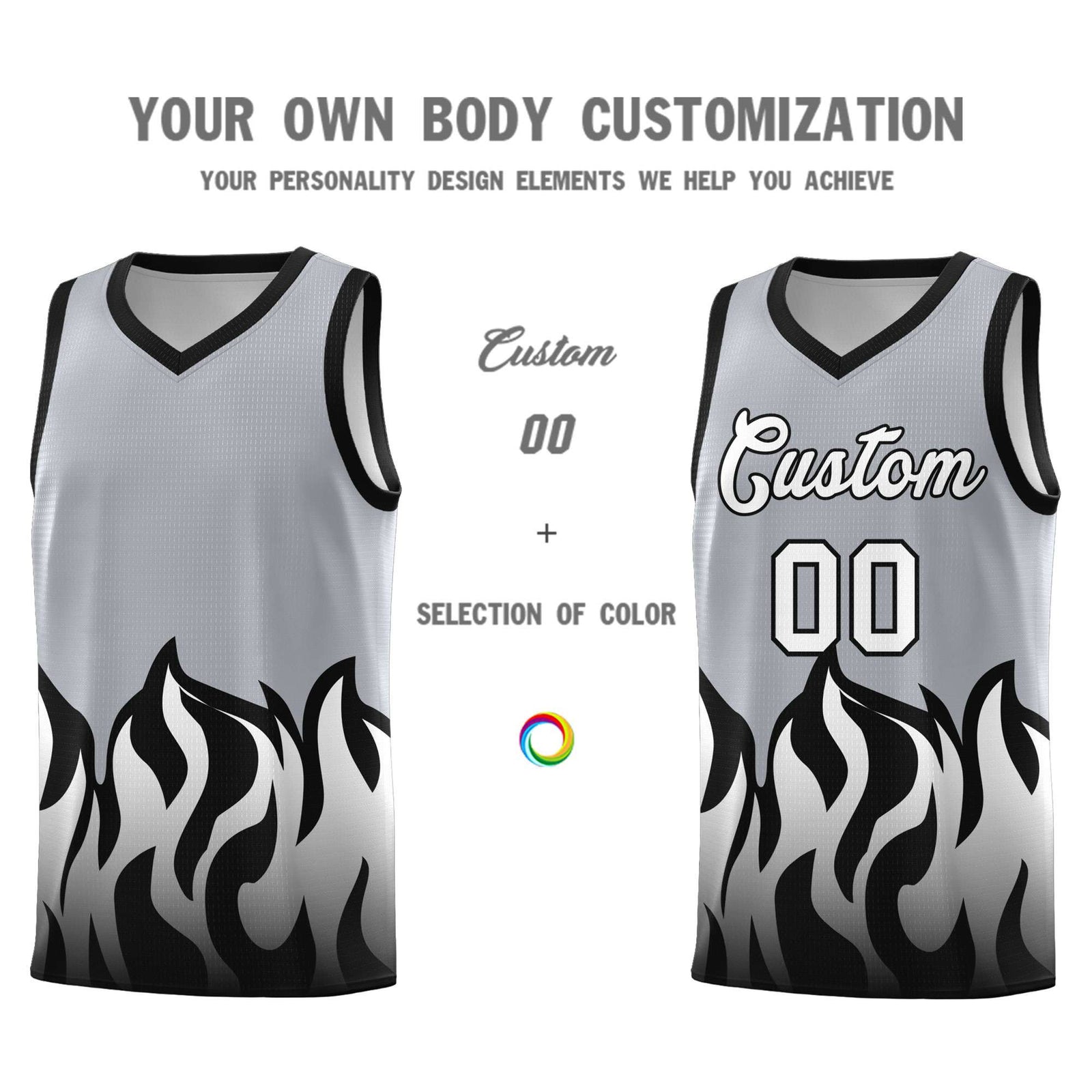 Custom Gray Black Hem Flame Pattern Fashion Sports Uniform Basketball Kits
