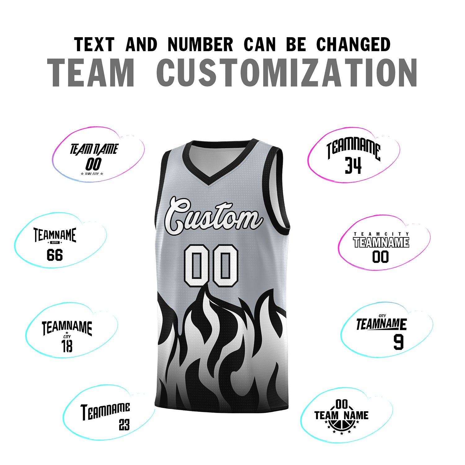 Custom Gray Black Hem Flame Pattern Fashion Sports Uniform Basketball Kits