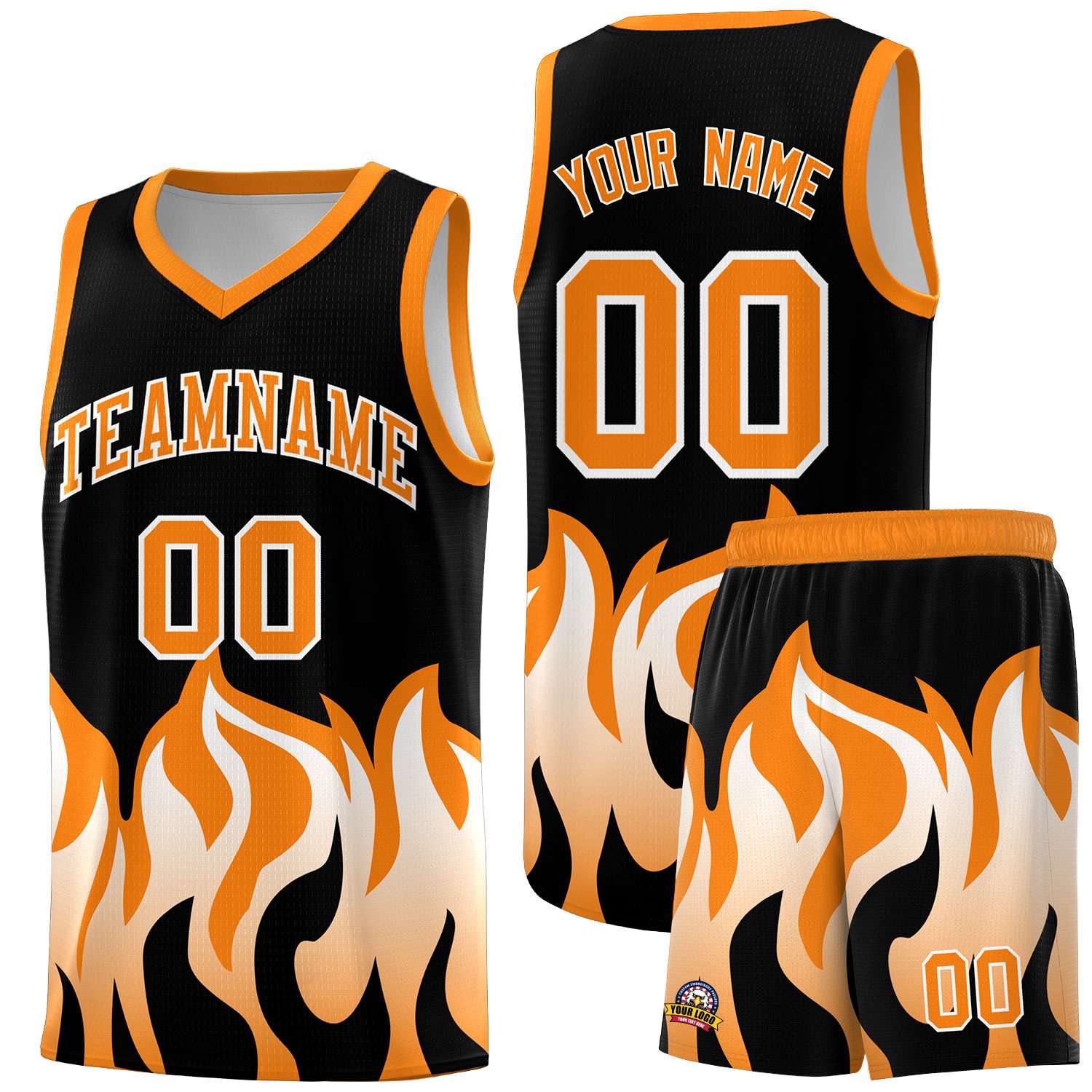 Custom Black Orange Hem Flame Pattern Fashion Sports Uniform Basketball Kits