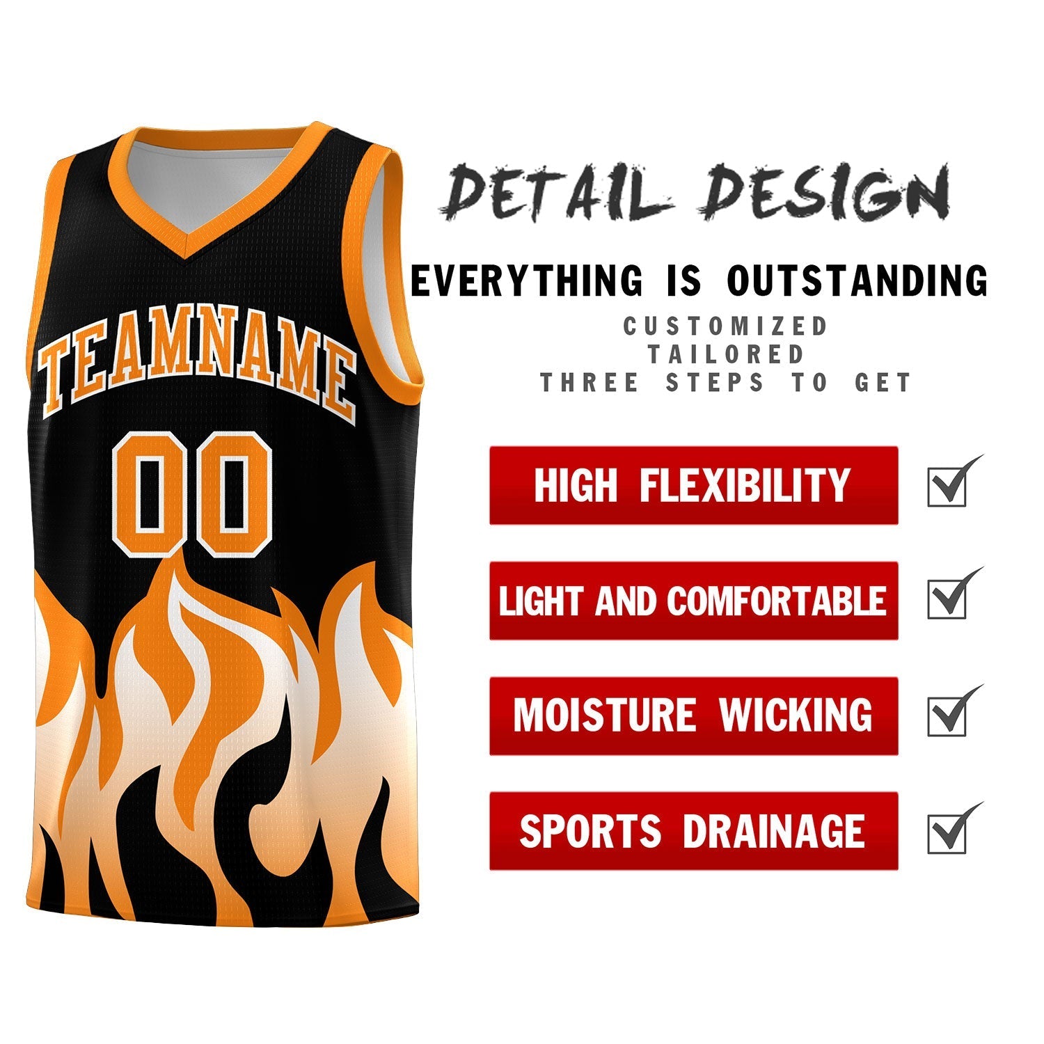 Custom Black Orange Hem Flame Pattern Fashion Sports Uniform Basketball Kits