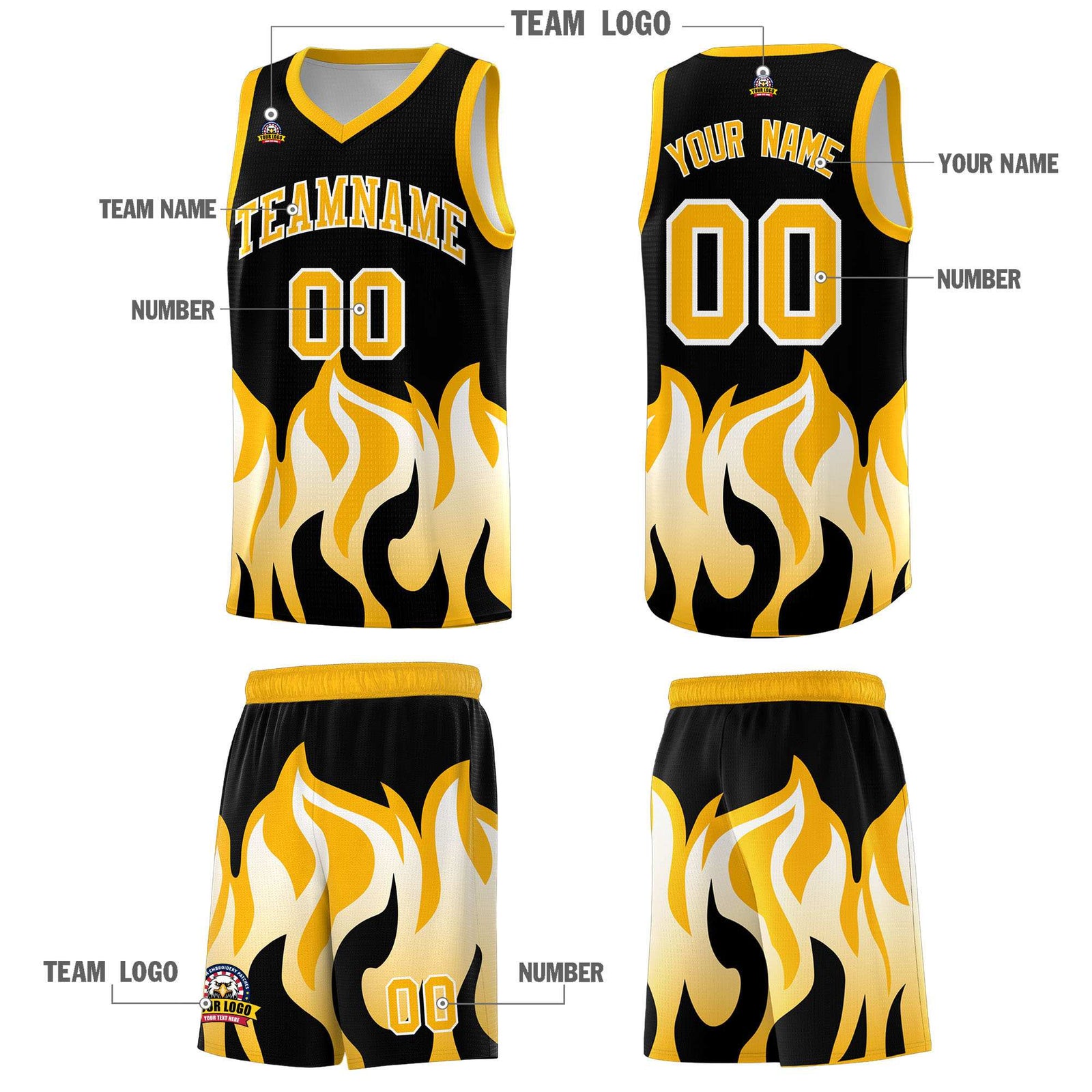 Custom Black Yellow Hem Flame Pattern Fashion Sports Uniform Basketball Kits