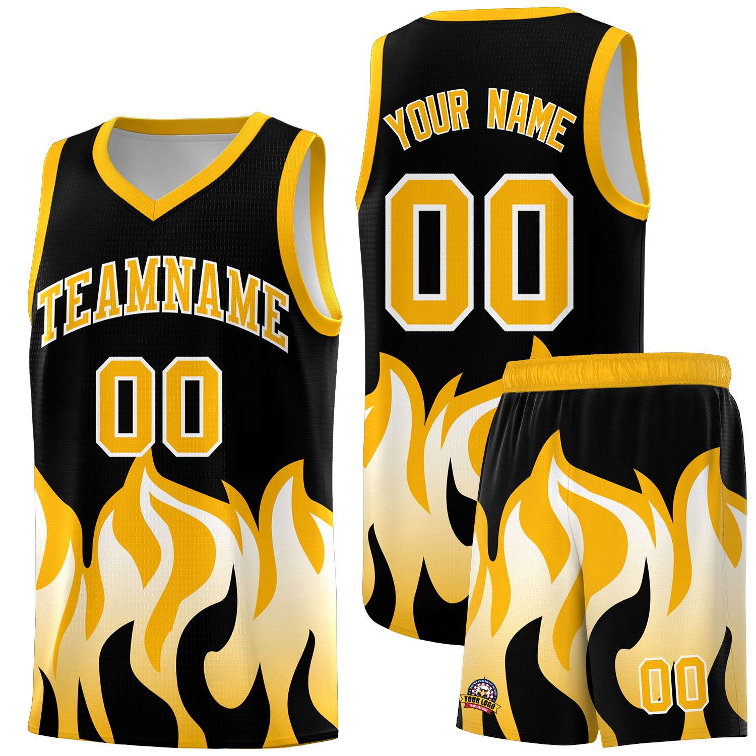 Custom Black Yellow Hem Flame Pattern Fashion Sports Uniform Basketball Kits