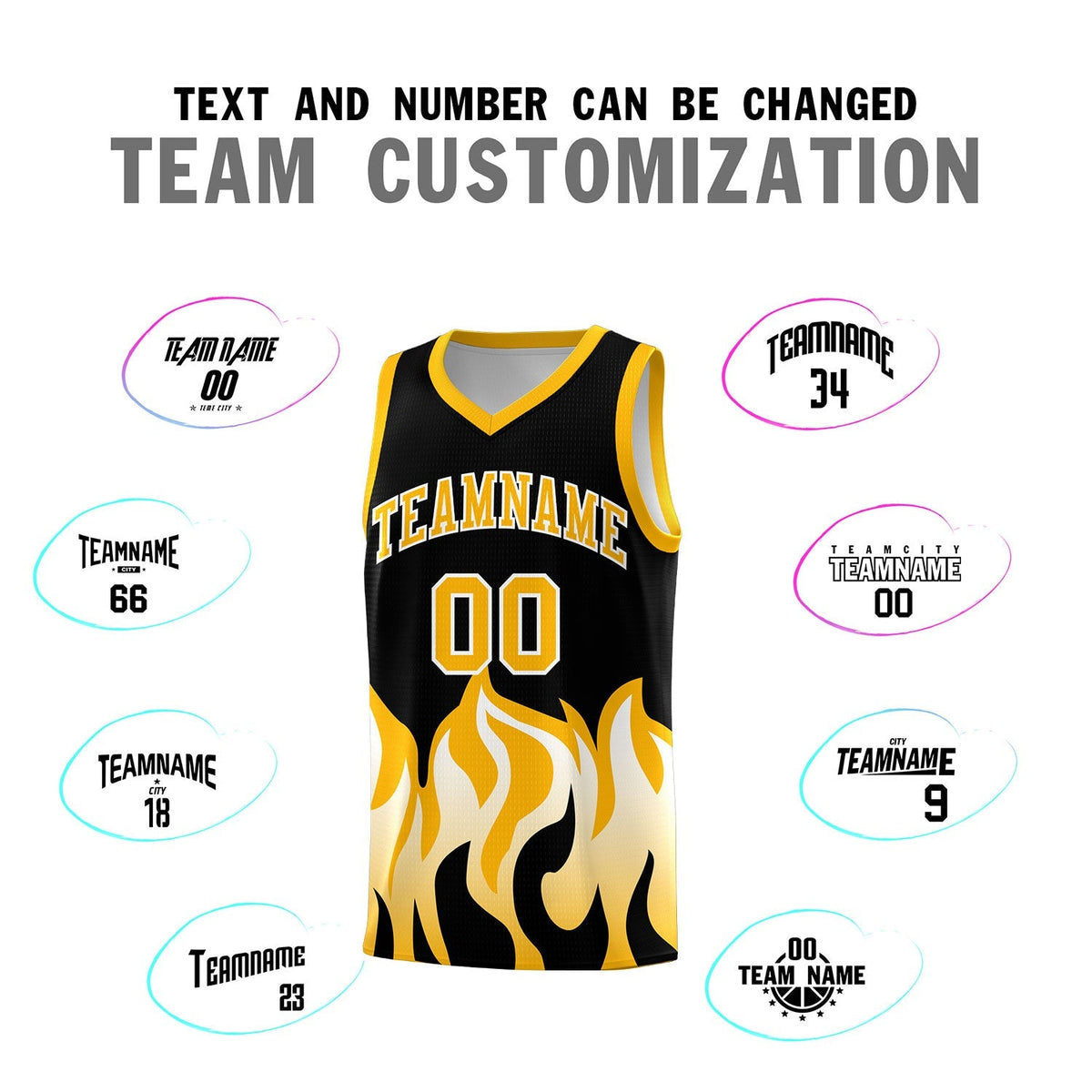 Custom Black Yellow Hem Flame Pattern Fashion Sports Uniform Basketball Kits