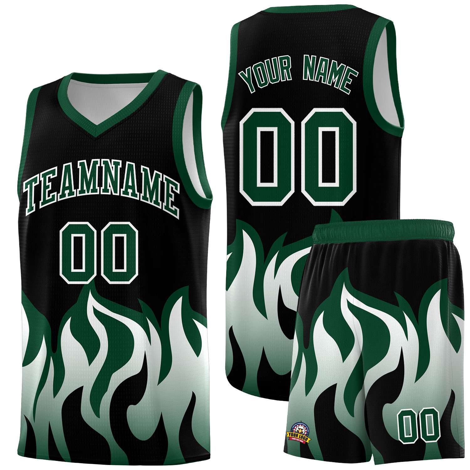 Custom Black Hunter Green Hem Flame Pattern Fashion Sports Uniform Basketball Kits