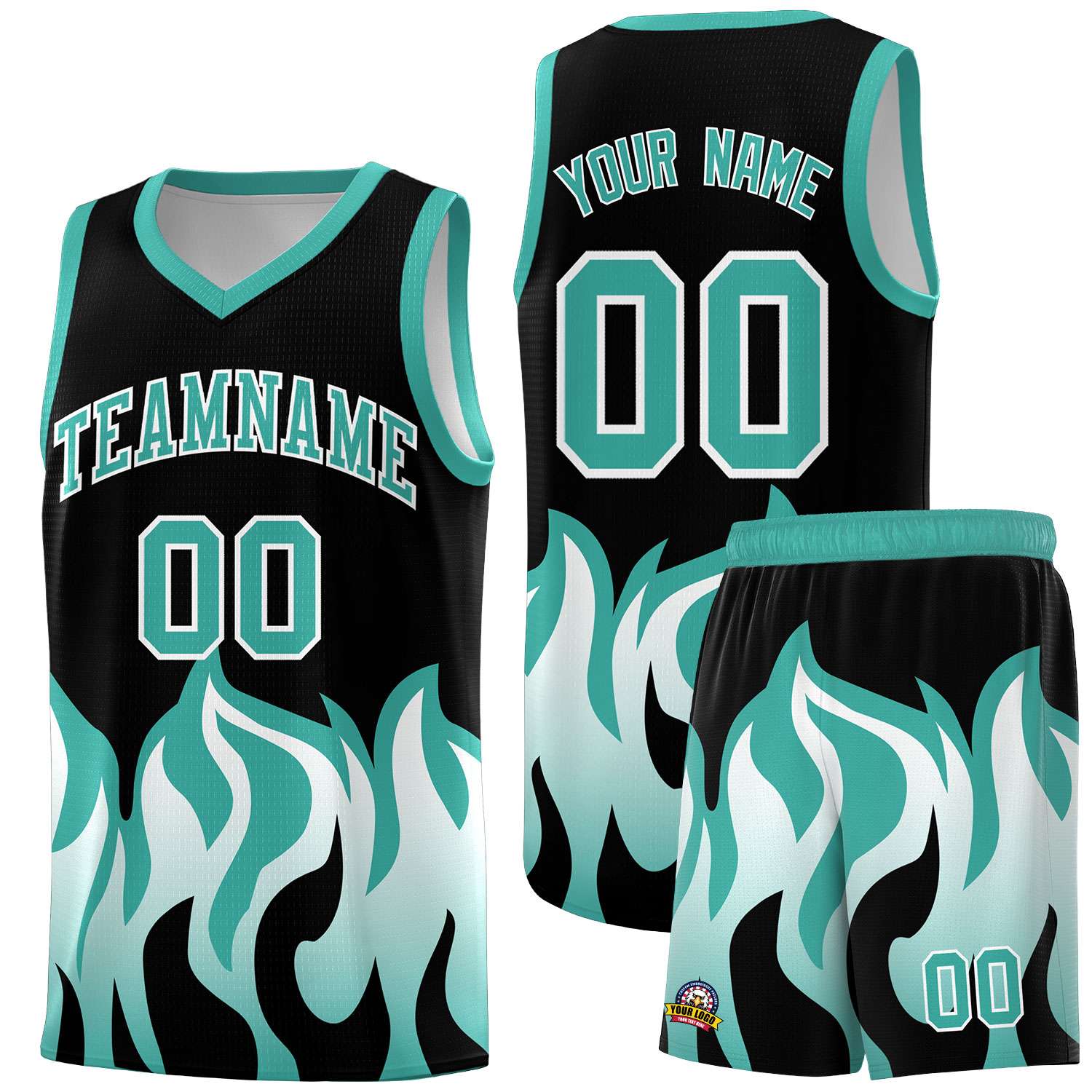 Custom Black Bright Green Hem Flame Pattern Fashion Sports Uniform Basketball Kits