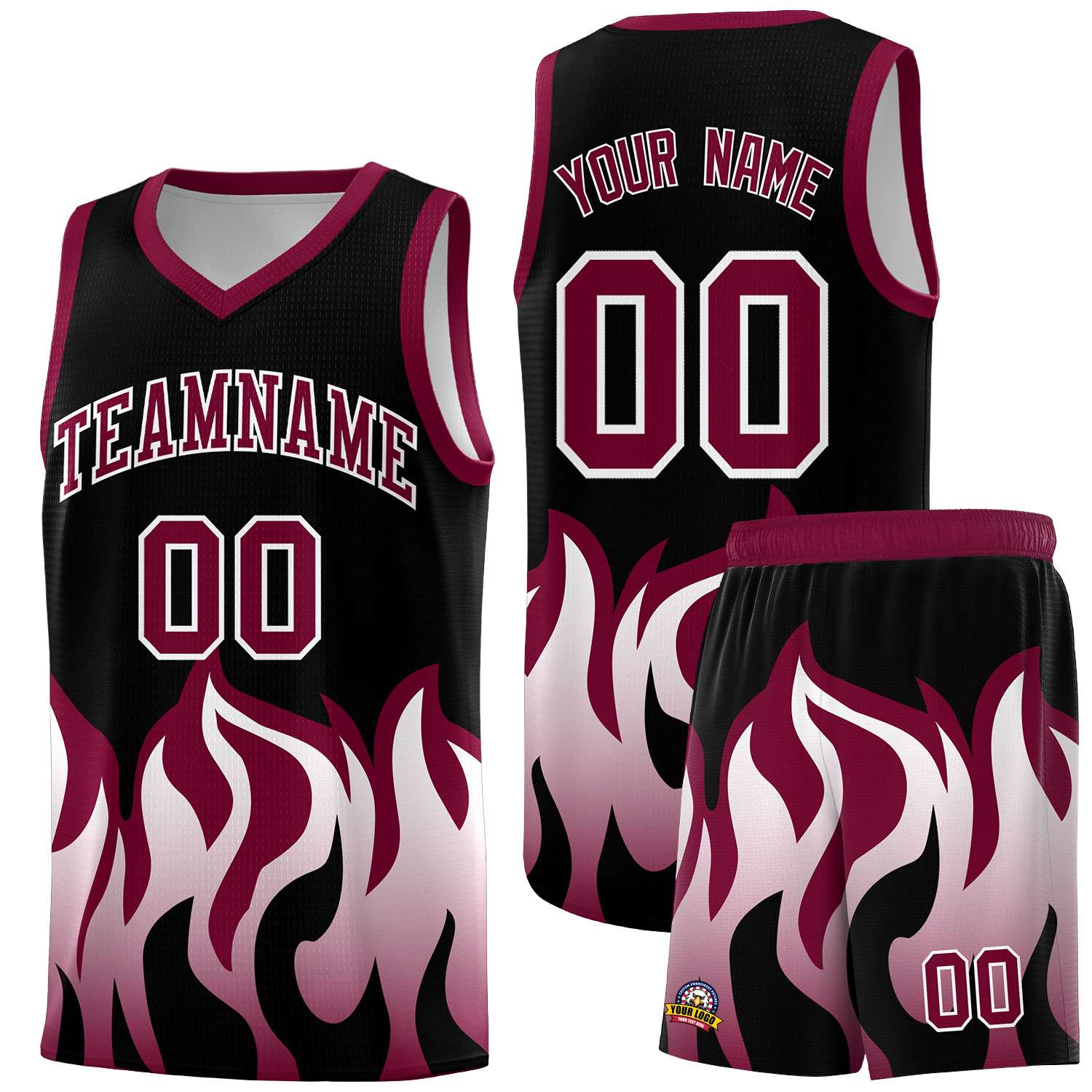 Custom Black Crimson Hem Flame Pattern Fashion Sports Uniform Basketball Kits