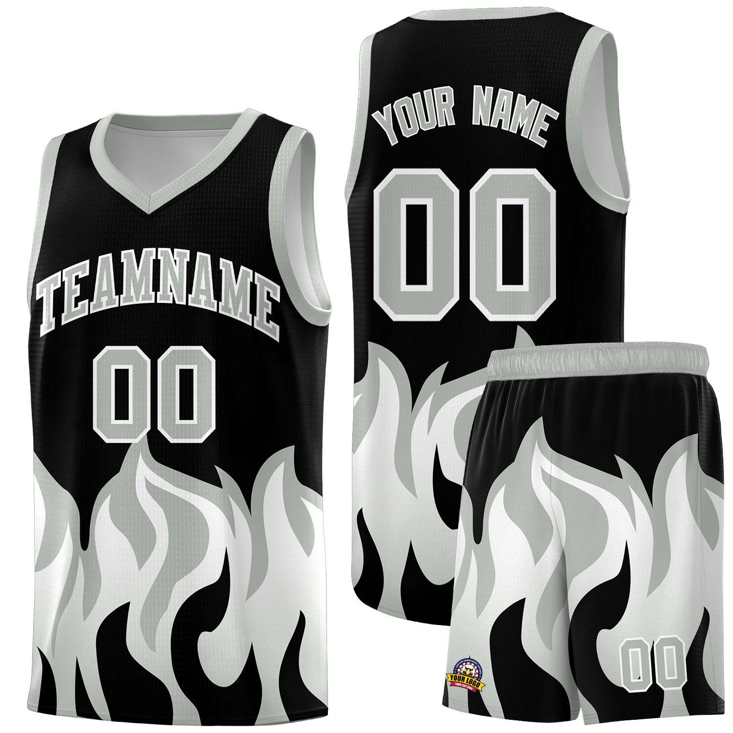 Custom Black Gray Hem Flame Pattern Fashion Sports Uniform Basketball Kits