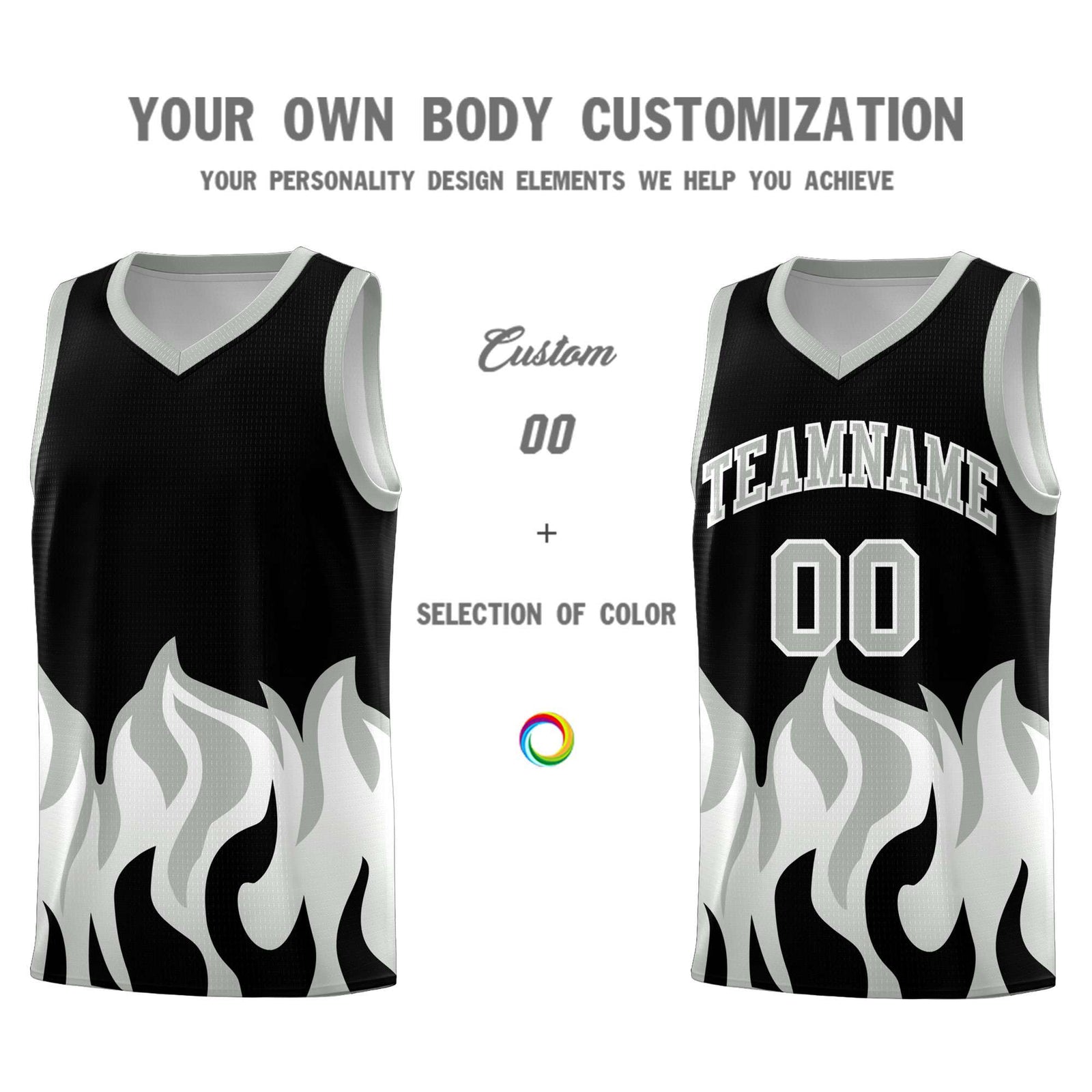 Custom Black Gray Hem Flame Pattern Fashion Sports Uniform Basketball Kits