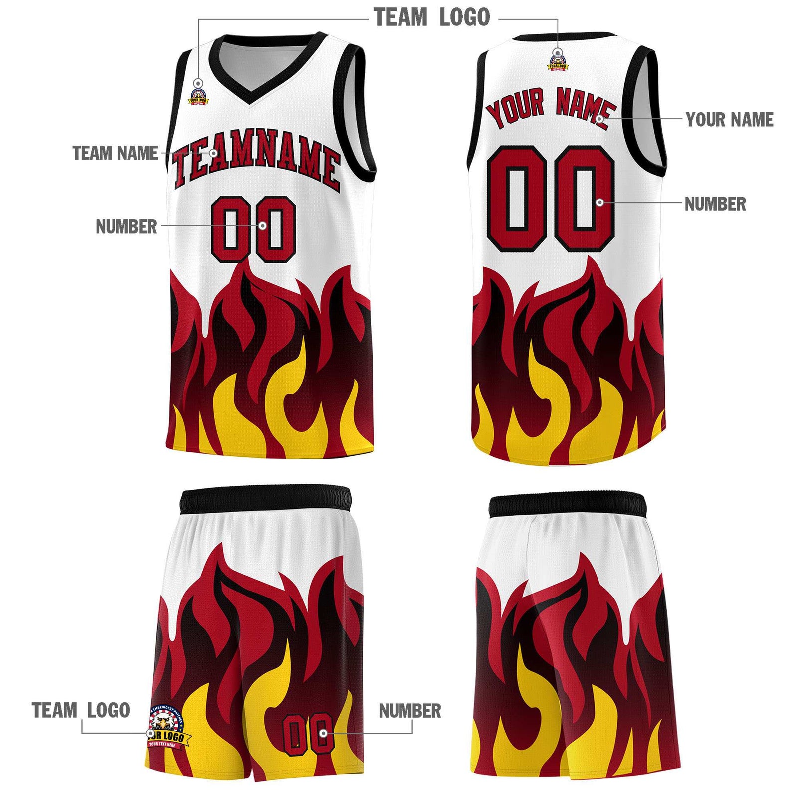 Custom White Red Hem Flame Pattern Fashion Sports Uniform Basketball Kits