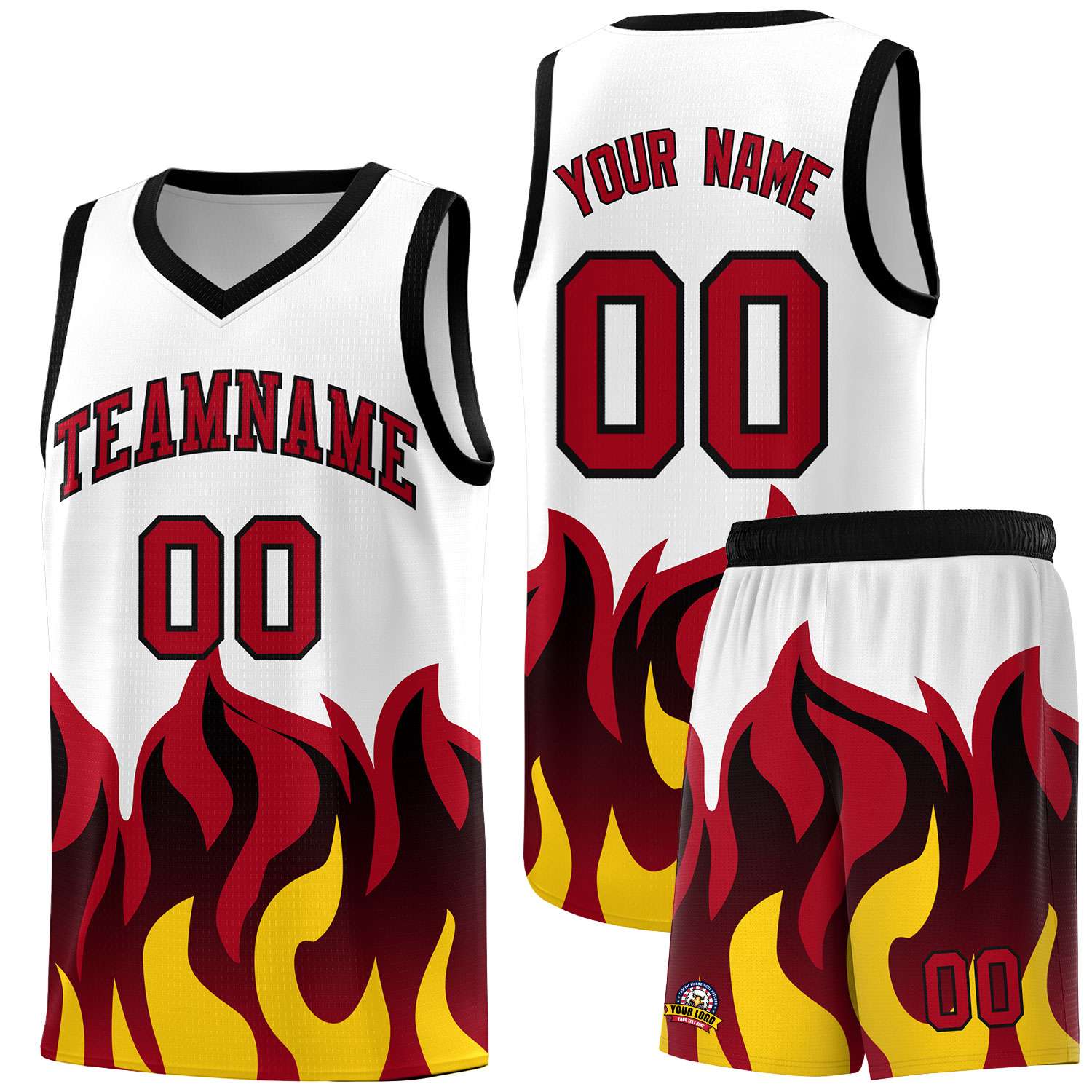 Custom White Red Hem Flame Pattern Fashion Sports Uniform Basketball Kits