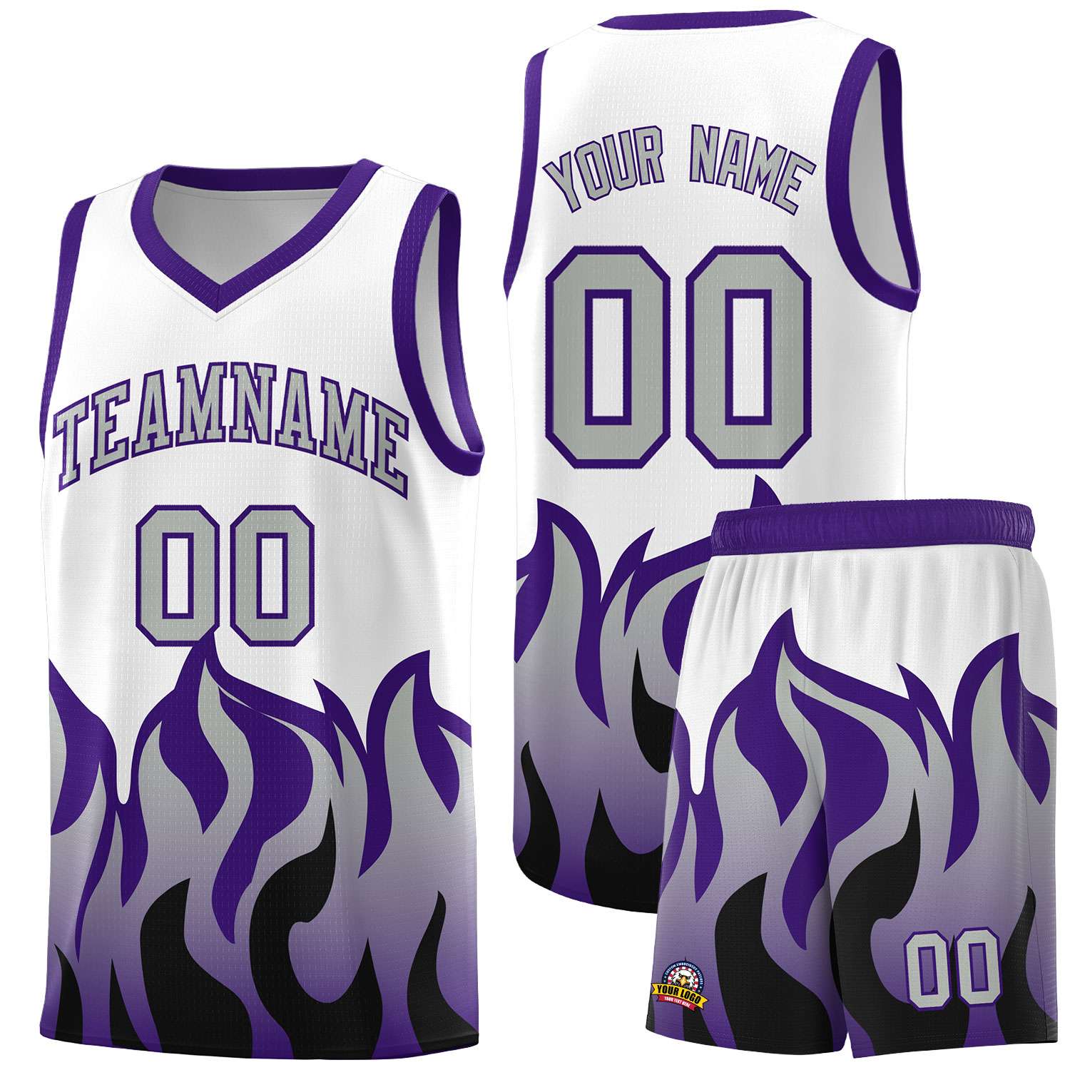 Custom White Purple Hem Flame Pattern Fashion Sports Uniform Basketball Kits