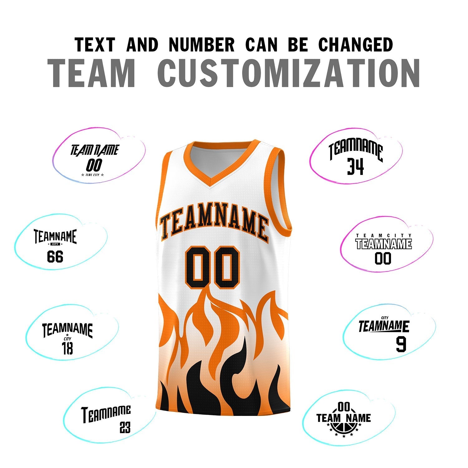 Custom White Orange Hem Flame Pattern Fashion Sports Uniform Basketball Kits